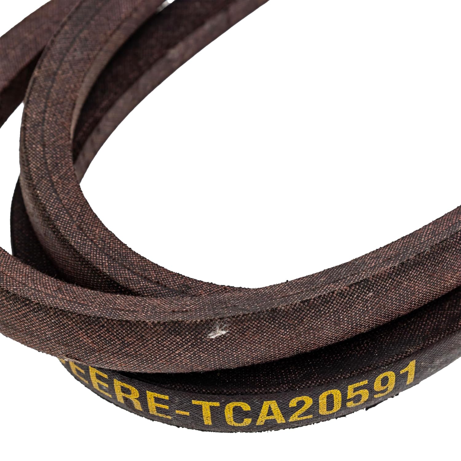 Close-up of SureFit Deck Drive Belt showing John Deere OEM part number TCA20591