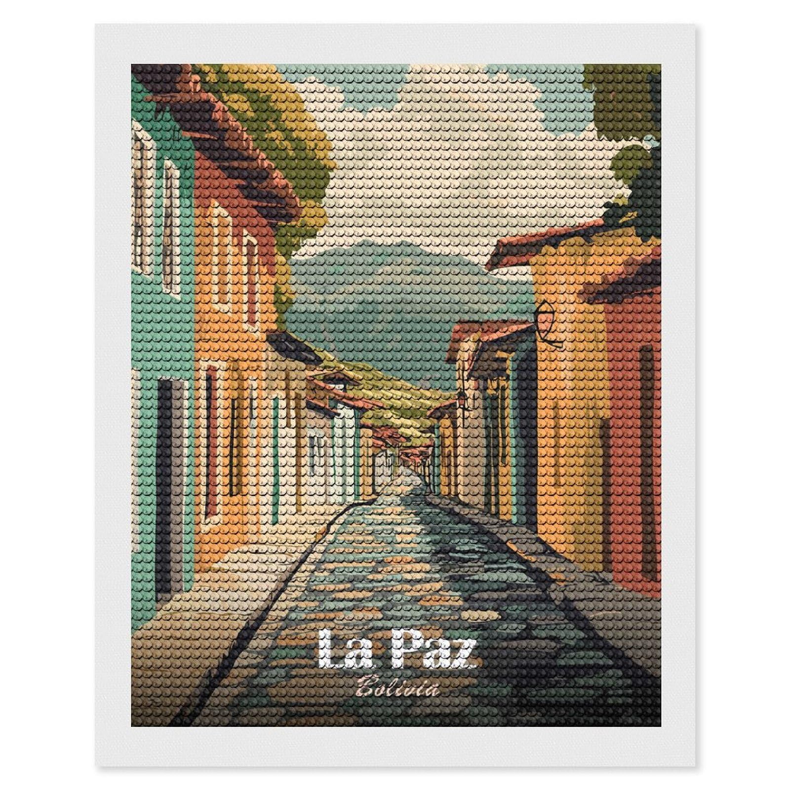 Junmoney La Paz, Bolivia Street View Illustration Diamond Painting Canvas Set 16"x20", Easy to Enjoy, Adhesive Canvas, Office Decor, Holiday Gift Idea, with Tool Kit