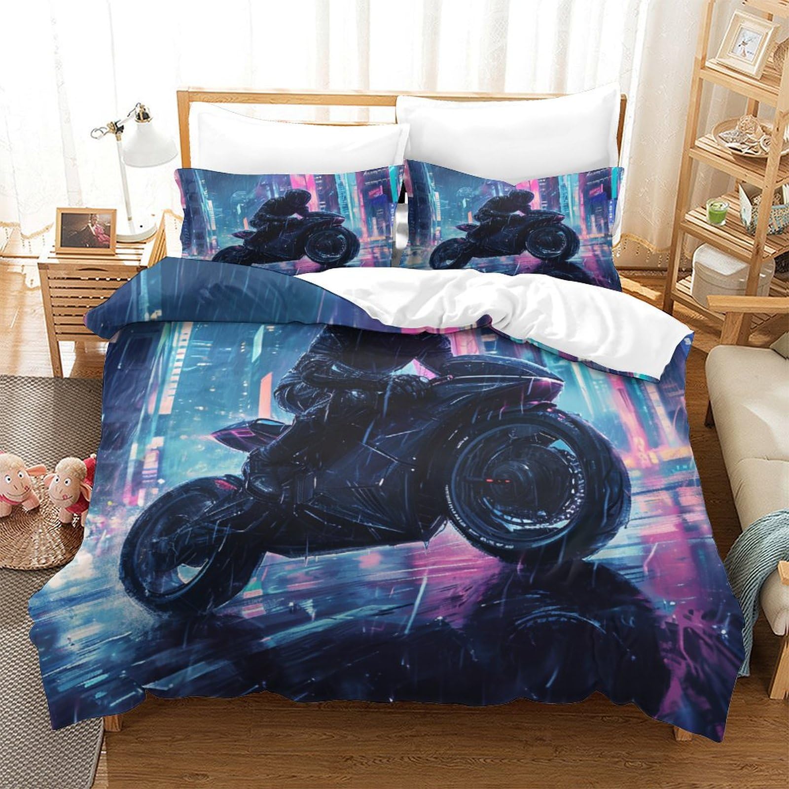 Housse de couette moto avec 2 taies d'oreiller pour lit d'enfant et ado