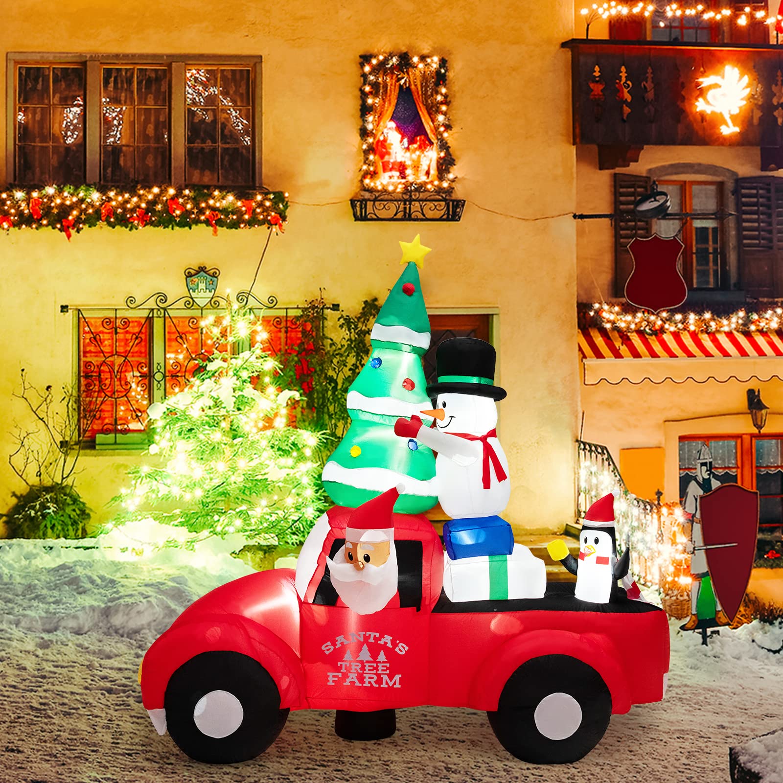 GYMAX 240 cm hohe Aufblasbare Weihnachtsdeko mit 7 LED-Leuchten, Selbstaufblasender Weihnachtsmann in einem Auto mit Weihnachtsbaum, Schneemann, Geschenken & Pinguinen