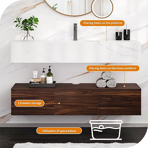 Miniatura 5 de DWVO Armario flotante de 48 pulgadas para baño montado en la pared, juego integrado con encimera de piedra sinterizada, lavabo de cerámica y 3