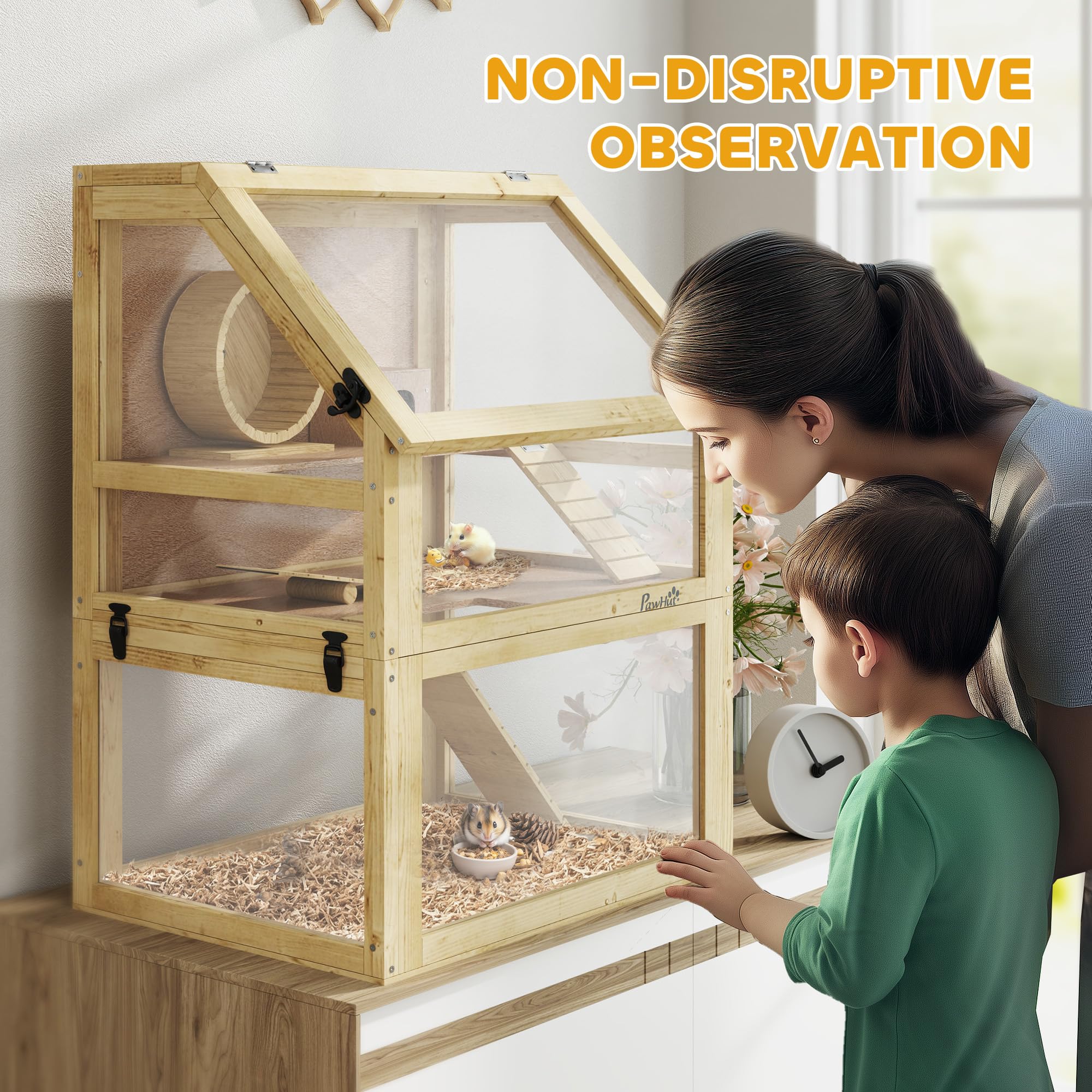 PawHut Jaula de madera para hámster, jaula de jerbo de 3 niveles con fondo desmontable de 32 cm de profundidad, cabaña, balancín, rueda de ejercicio, rampas, acabado de madera natural