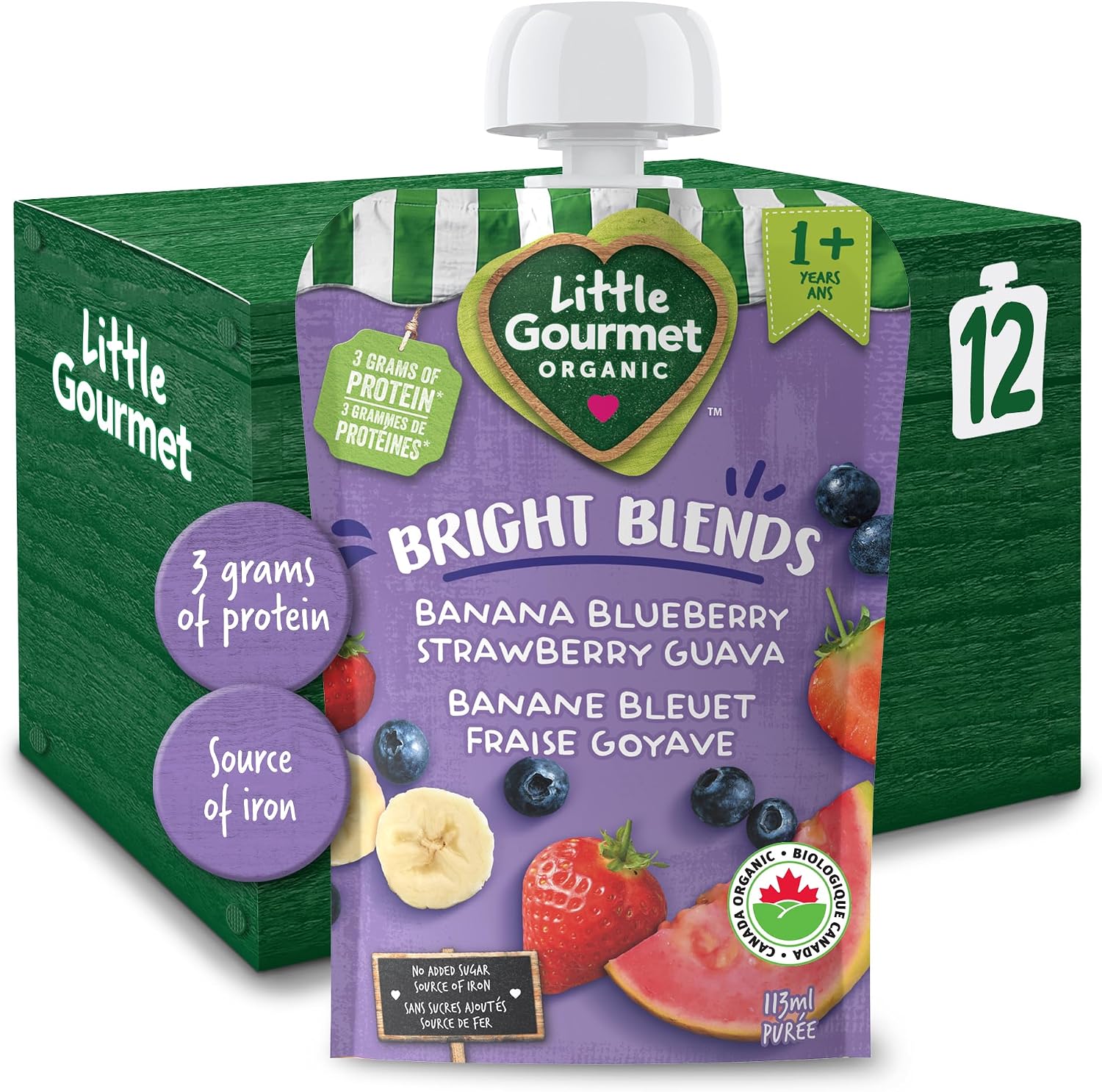 Little Gourmet Organic Toddler Snack Bright Blends Banana Blueberry Strawberry Guava, 113ml (12 Pack)