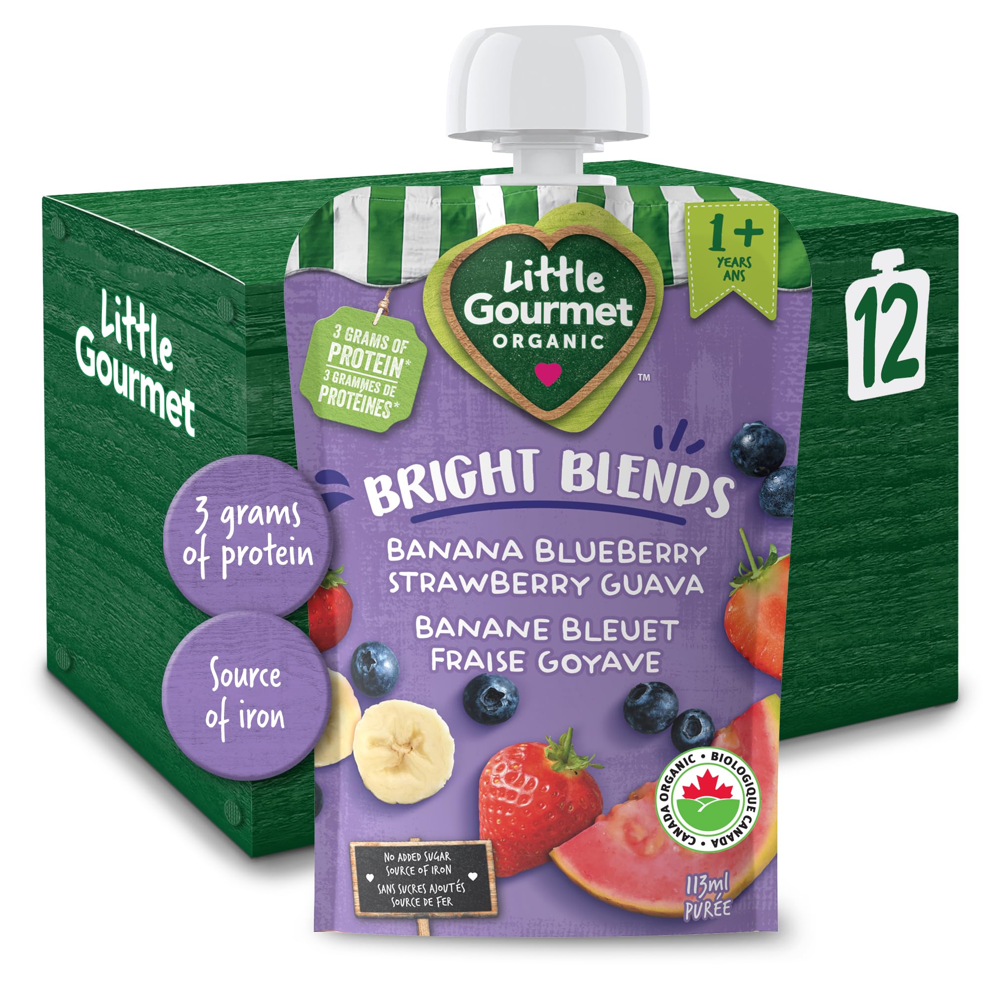 Little Gourmet Organic Toddler Snack Bright Blends Banana Blueberry Strawberry Guava, 113ml (12 Pack)