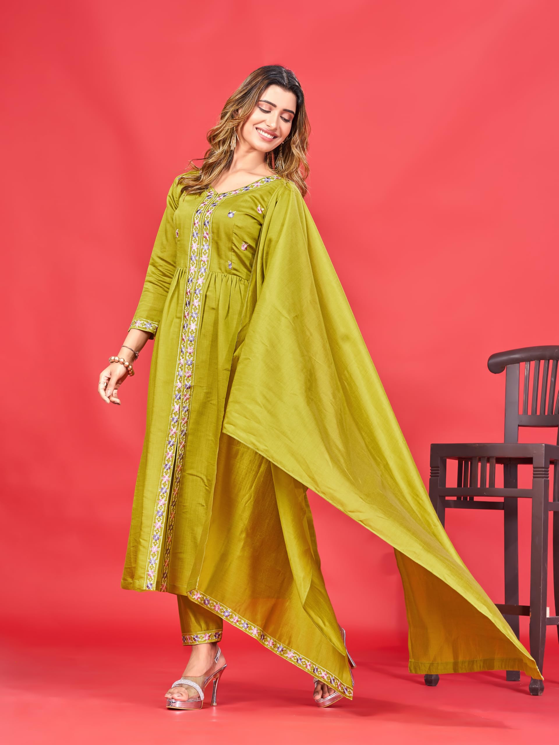 Womens Latest Pure Art Silk Embroidery Work Kurta, Pant With Dupatta Set | Women Stylish Kurta Set For Occasion (X-Large, Lemon)
