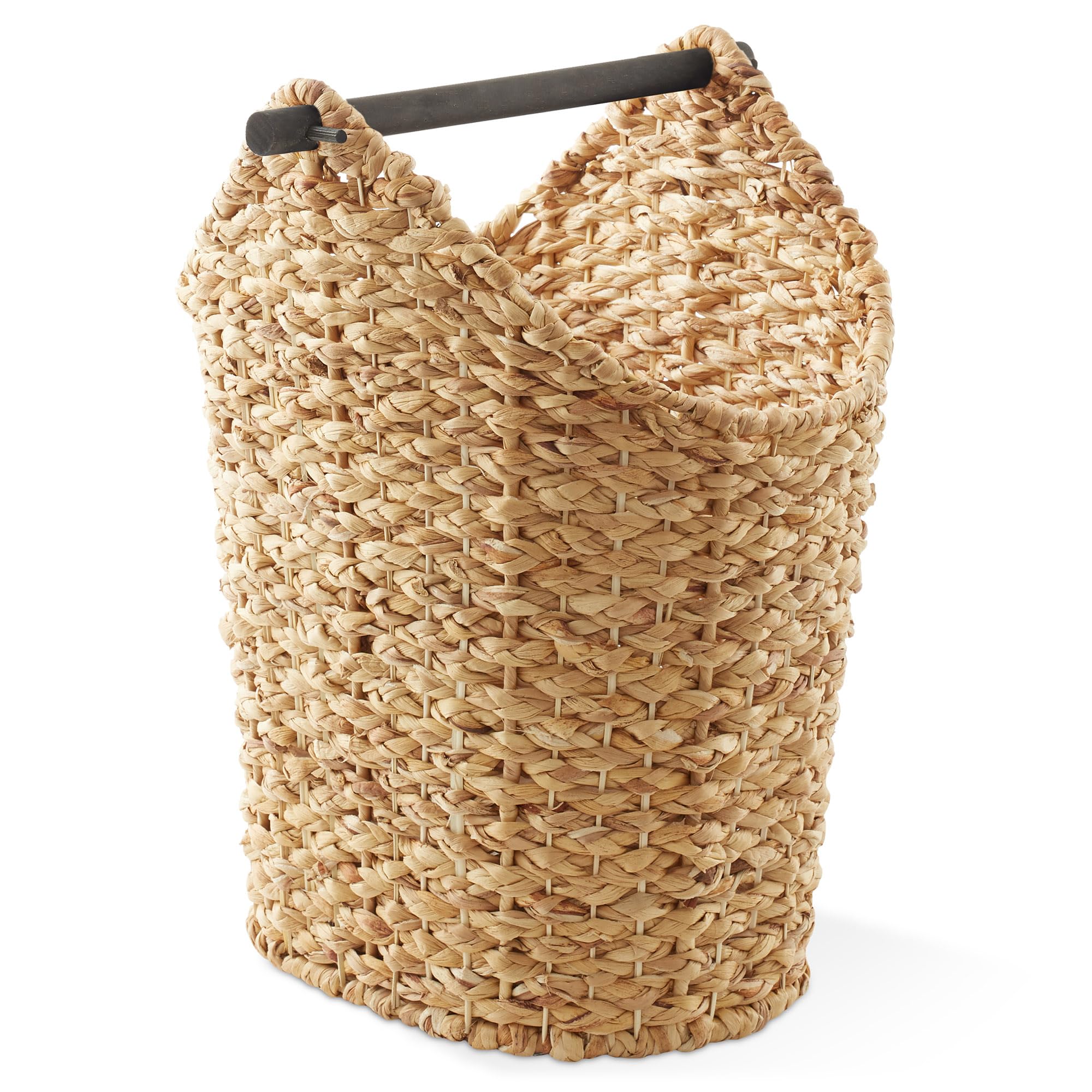 Casafield Toilet Paper Storage Basket with Wood Roll Holder Bar - Natural, Braided Water Hyacinth Wicker Bathroom Tissue Storage Organizer