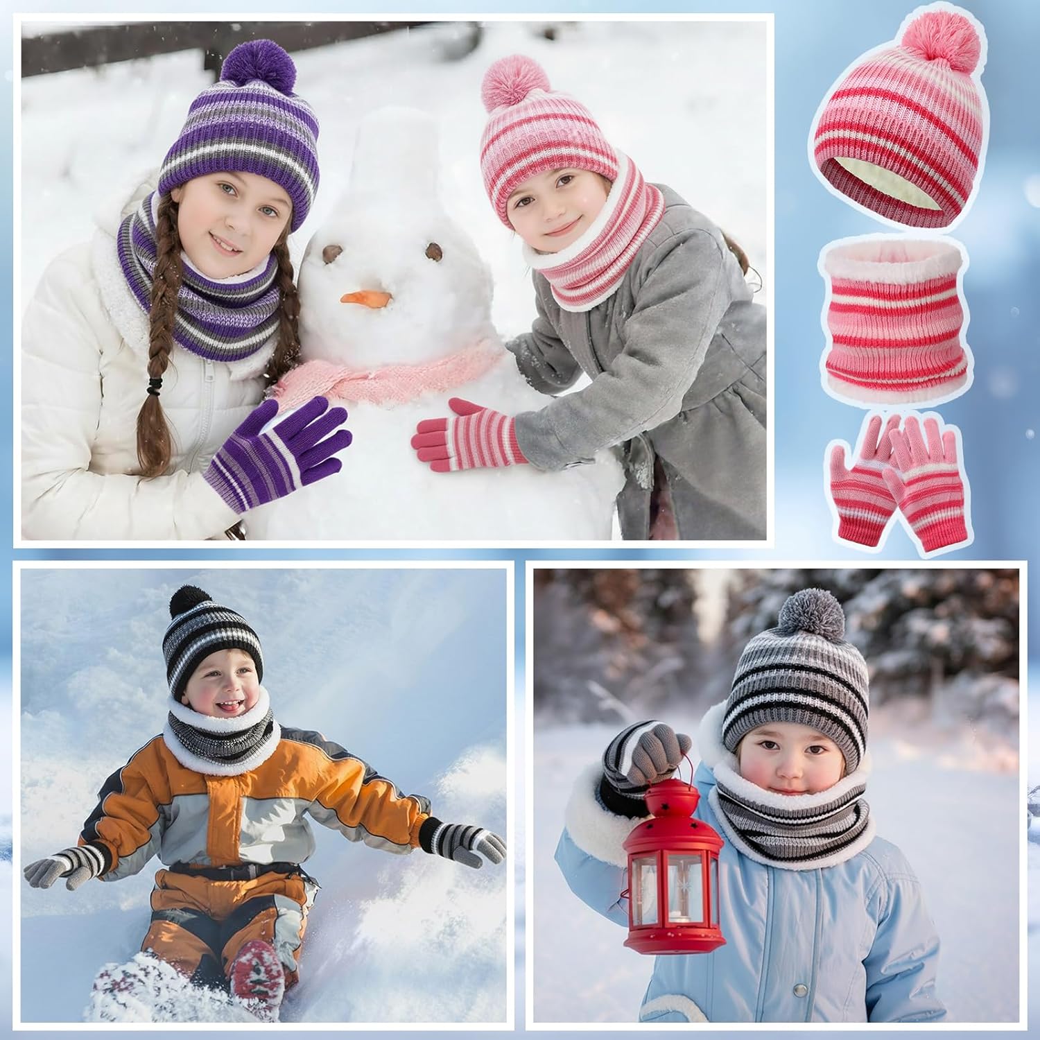 18 Pcs Kids Hat Scarf Gloves Winter Set Fleece Lined Pom Pom Beanie Neck Warmer Knit Gloves Gifts for Boys Girls - Image 6