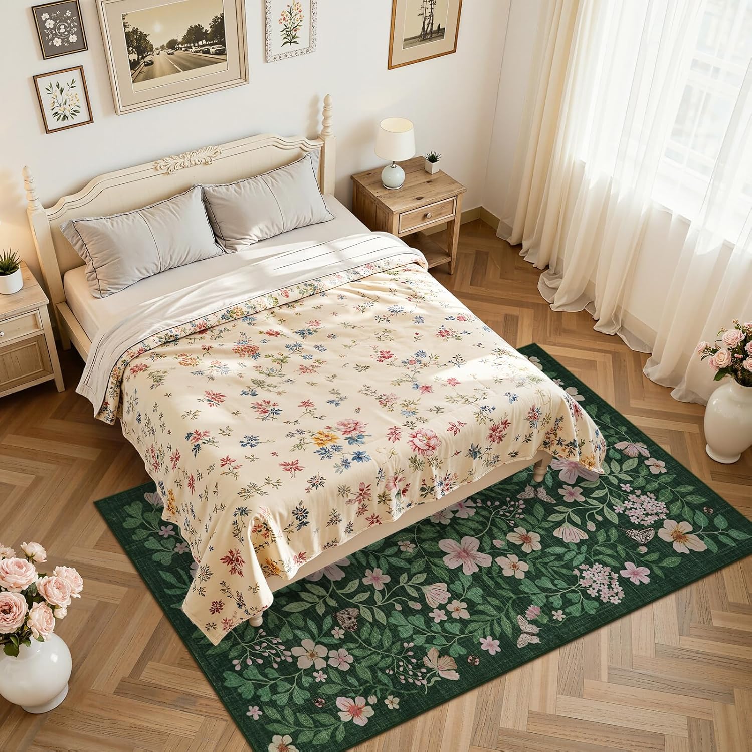 Lahome Dark Green Rugs for Living Room, Boho 5x7 Washable Floral Rug Non Slip Low Pile Indoor Carpet, Flower Botanical Lightweight Farmhouse Carpet for Bedroom Dining Room Playroom Decor(Green,5X7 - Image 7