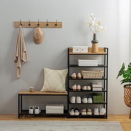 Miniatura 7 de SUNTAGE Juego de 6 estantes para zapatos, banco de entrada con 6 ganchos, perchero, árbol de pasillo y almacenamiento de zapatos para entrada,