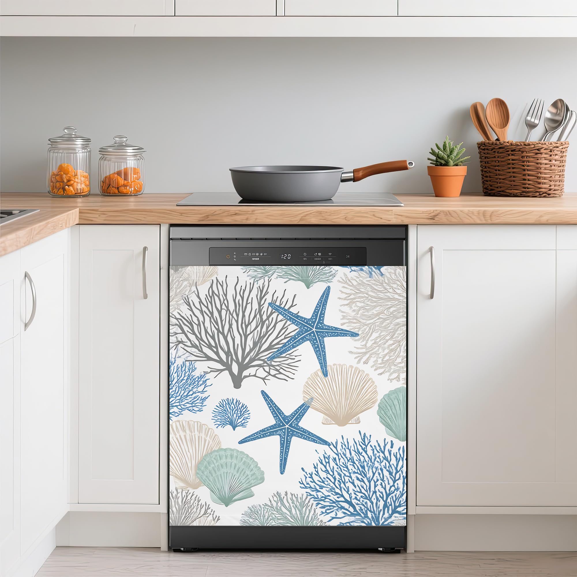 Blue Starfish Dishwasher Magnets Decorative Cover,Ocean Coral Shells Waterproof Magnetic Dishwasher Cover Panel,Refrigerator Magnet Cover for Kitchen Home Decor 23x26 Inch