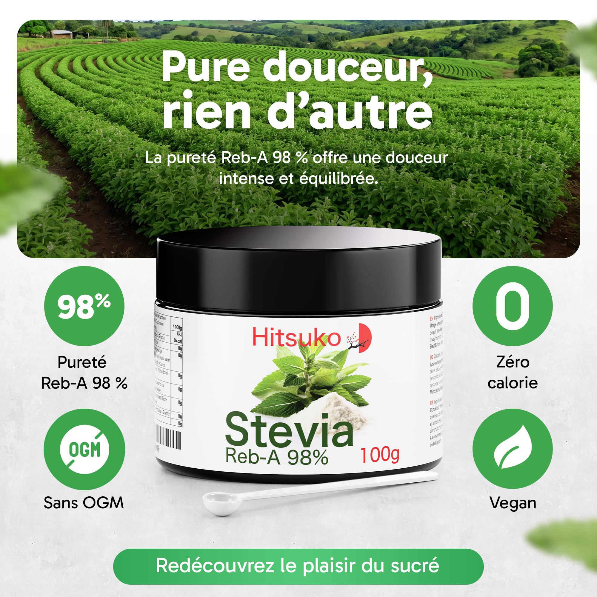 Poudre de Stévia Ultra-Concentrée (100g) | RebA-98 Pur à 98% | 470x Plus Sucrant que le Sucre