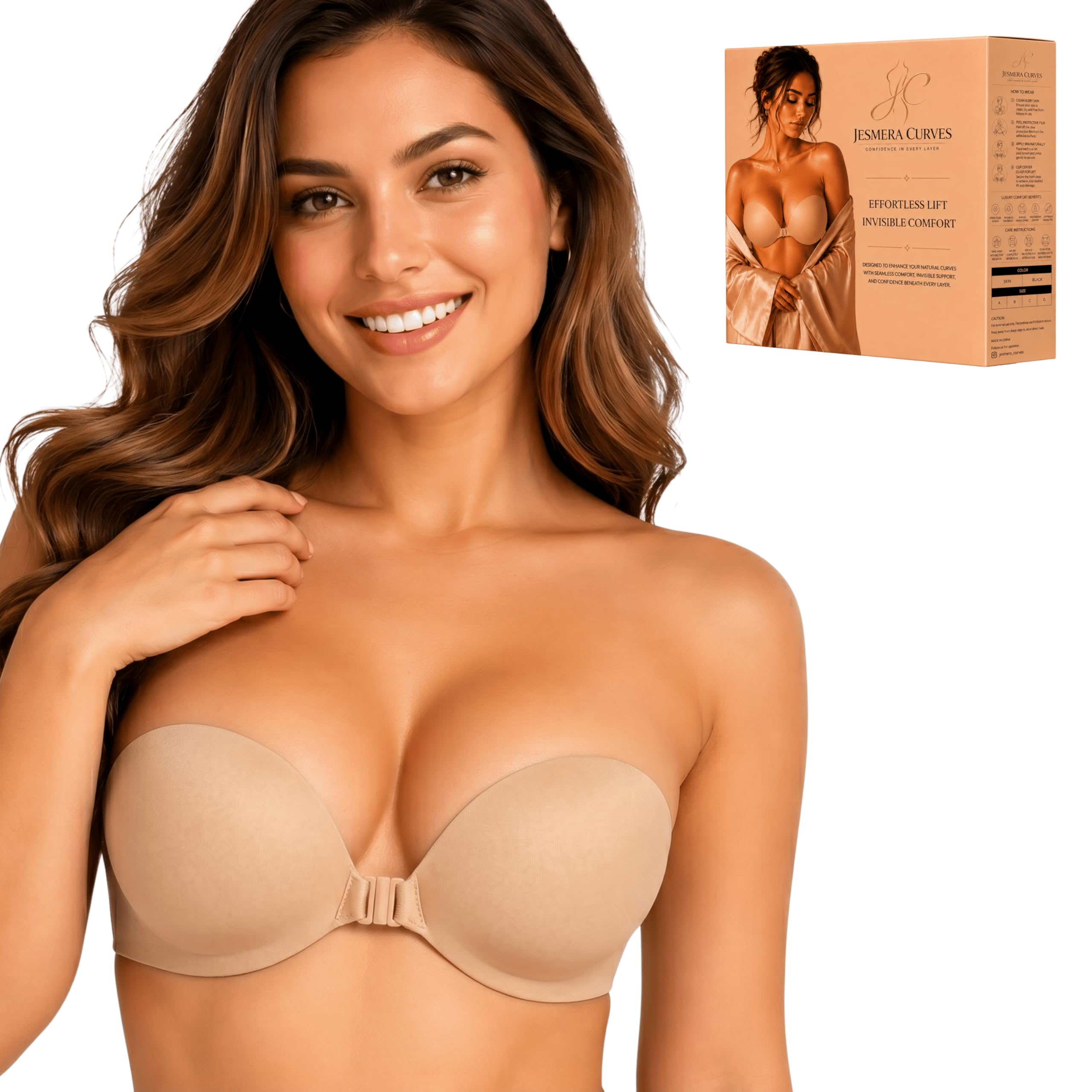 jesmera curves Women's Invisible Backless Strapless Bra – Self-Adhesive Lift-Up Bra with Secure Front Buckle, Seamless Support for Low-Cut Dresses & Special Occasion Wear Multicolor-picture-32