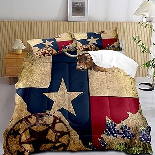 LUVIVIHOME 3PCS Western Comforter Set Queen Size, Brown Vintage Bedding All Season, Texas Flag Cattle Bull Bluebonnet Ranch Wild West Southwest Rodeo Cowboy Bedroom Decor, Soft Quilt, 1 Pillow Shams