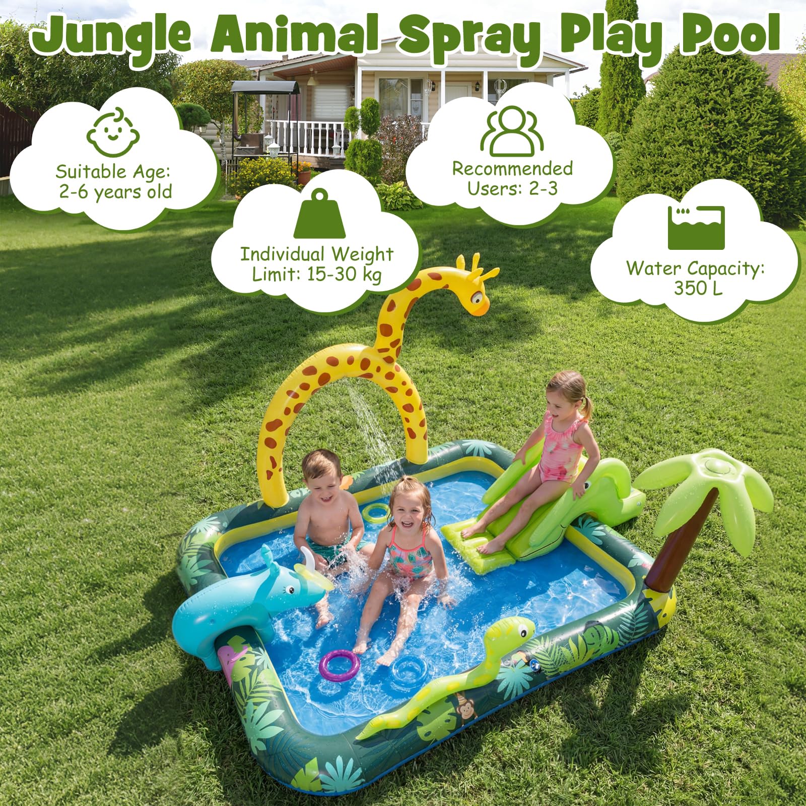 FANTASK Centro di giochi d'acqua gonfiabile con animali della giungla, 208 x 178 x 138 cm, piscina per bambini a partire dai 2 anni, parco acquatico per giardino e piscina