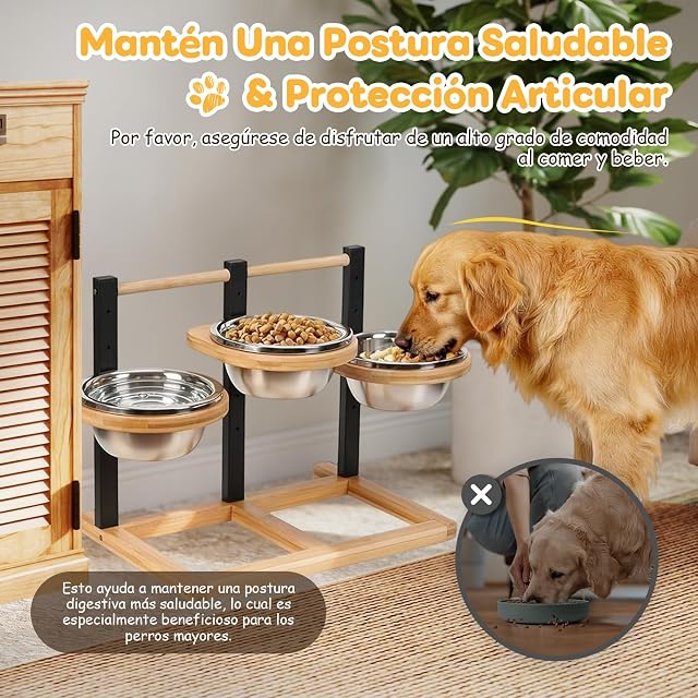 Foto 6 de 8 de THCTYRP Comedero de madera ajustable en altura, 5 niveles, con 3 cuencos de acero inoxidable de 1400 ml