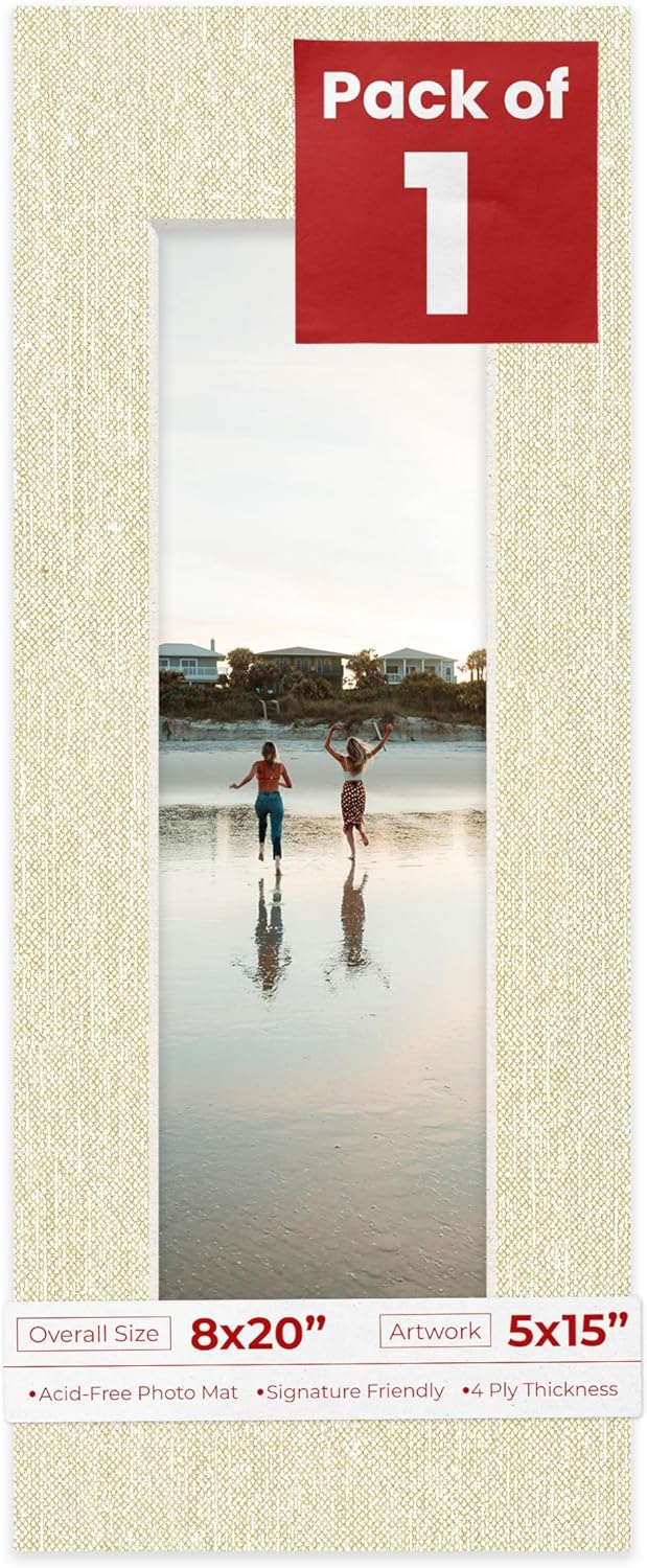 8x20 Mat Bevel Cut for 5x15 Photos - Acid Free Fresh Linen Canvas Precut Matboard With Backing Board and Crystal Clear, Self Seal Photo Mat Bag - For Pictures, Photos, Framing - 4-ply Thickness
