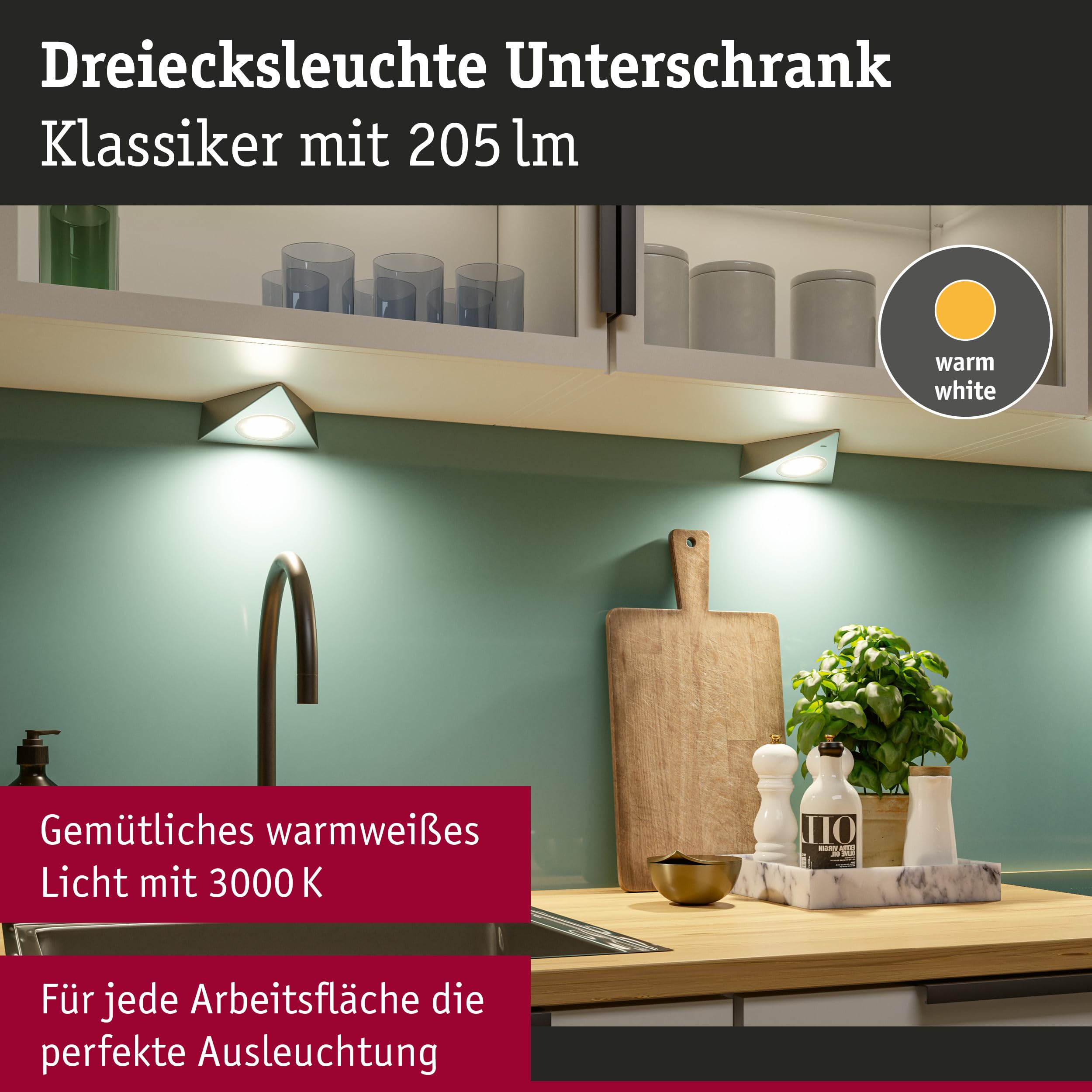 Paulmann 93572 LED Unterschrankleuchte Dreieck mit Näherungssensor eckig incl. 3x2,8 Watt Schrankleuchte Eisen gebürstet Schranklicht Metall, Glas