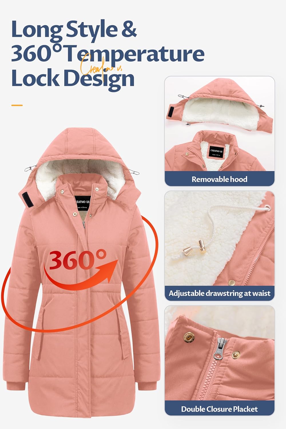 CREATMO US Women's Thicken Sherpa Winter Coat Puffy Warm Snow Jacket With Removable Hood - Image 5