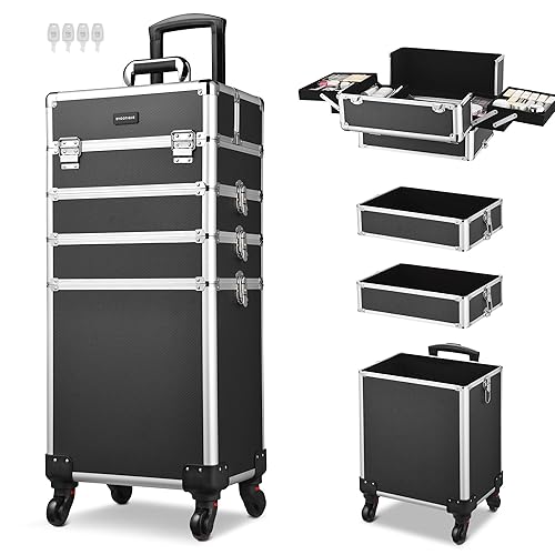 BYOOTIQUE - Estuche de maquillaje clásico con ruedas negras 4 en 1 con cerradura para cosméticos carro con cerradura para artista maquillaje viaje