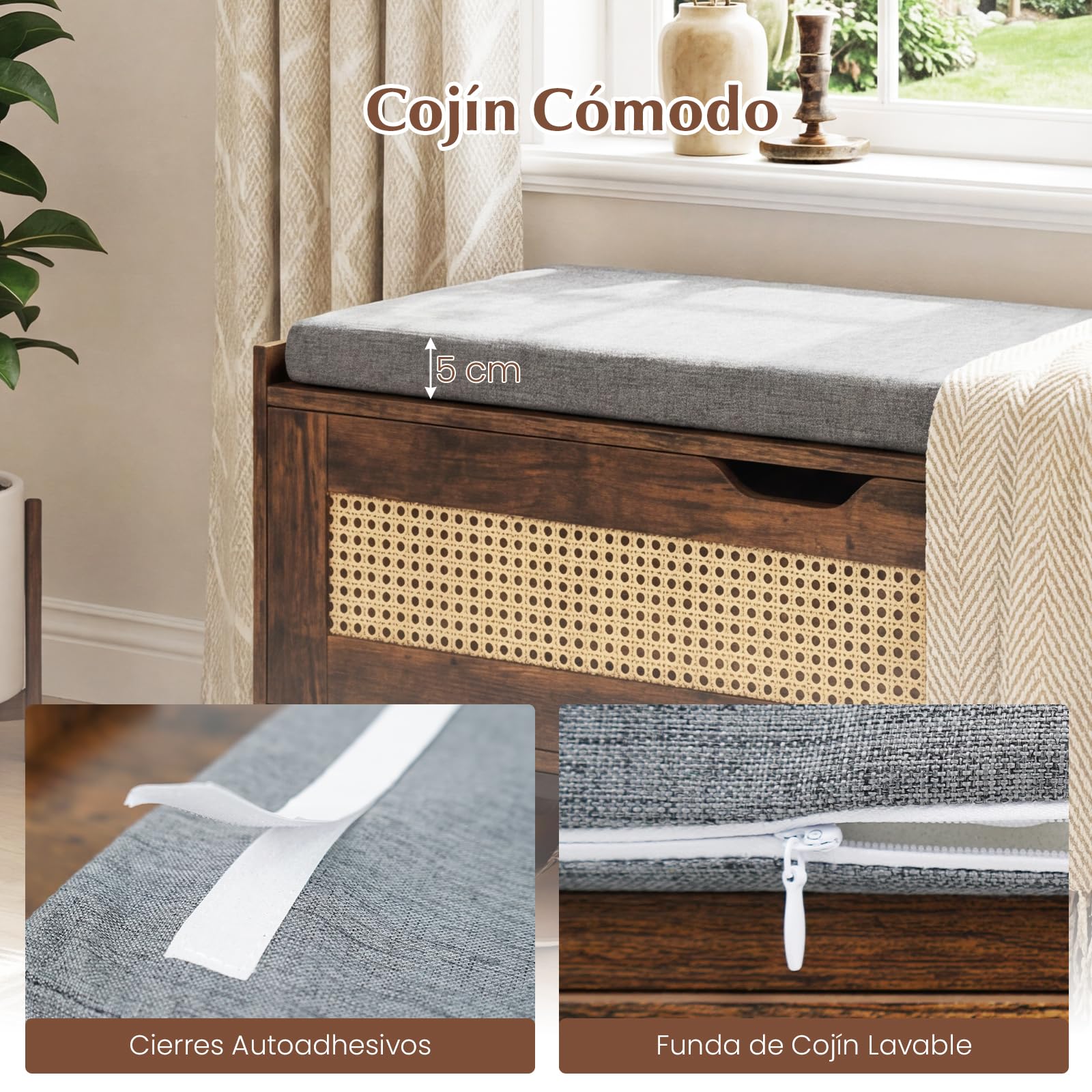 COSTWAY Puff Almacenaje de Ratán,100 x 35 x 44 cm, Banco para Zapatos de Mimbre con Asiento Acolchado, Banco Almacenaje con 2 Bisagras de Seguridad, Soporta 200 kg, para Dormitorio (Marrón Rústico)