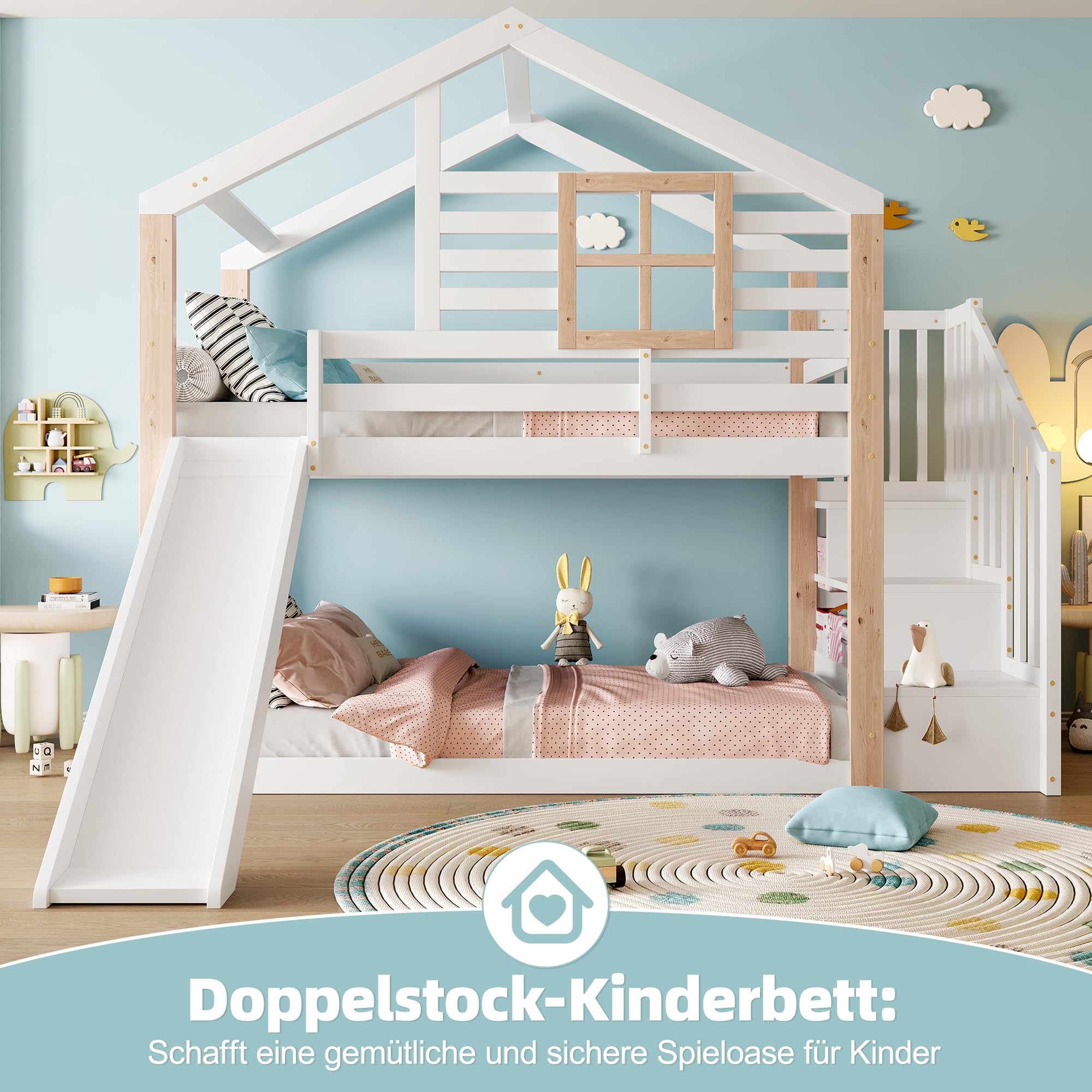 Zepneiy Lit Cabane Enfants 90x200 avec Toboggan et fenêtre, Lit Superposé 2 Places avec Rampe et Espace de Rangement, pour Les frères et sœurs, en Bois Massif Blanc (sans Matelas)