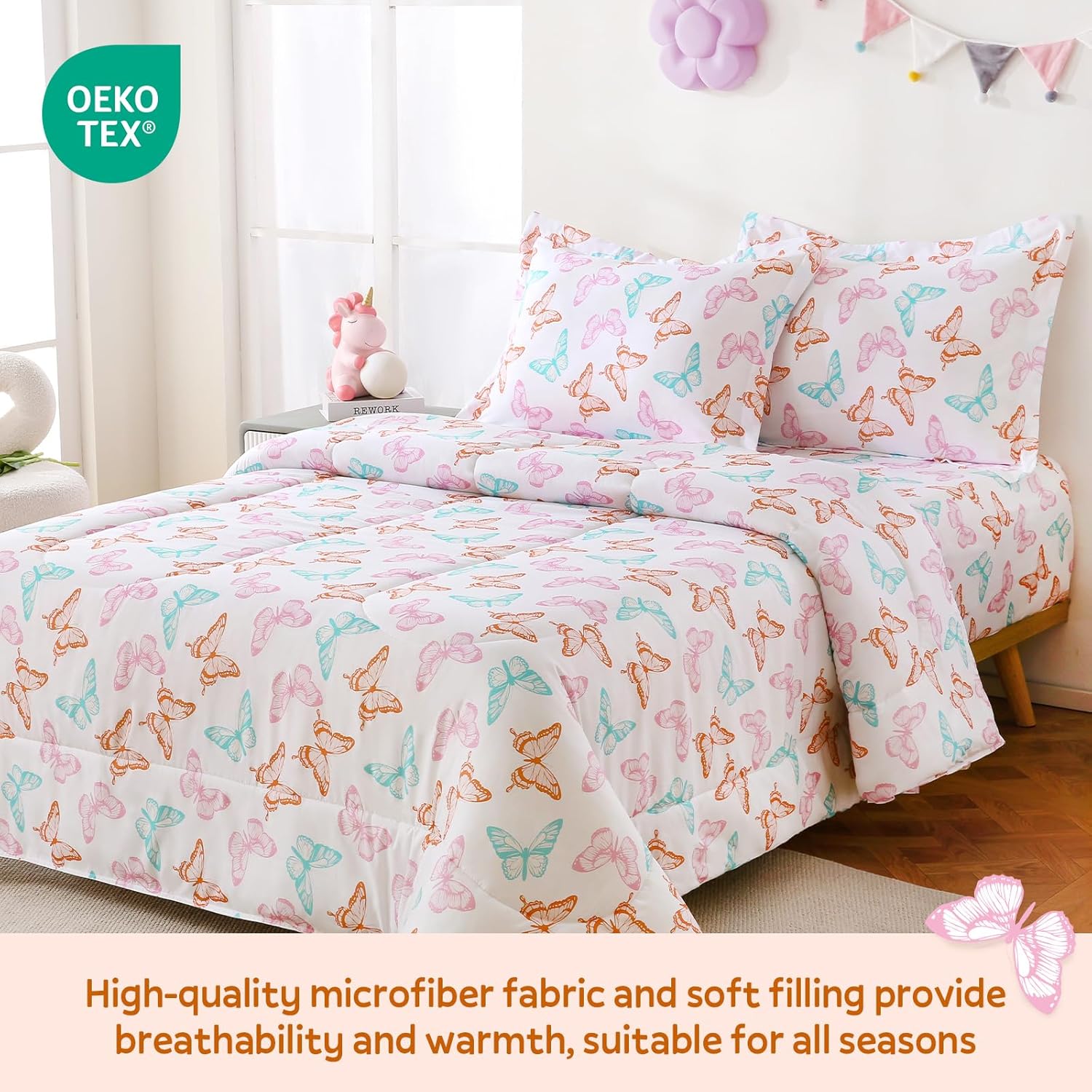 MICORAL Butterfly Twin Comforter Set for Boys/Girls, 2 Piece Soft Brushed Microfiber Kids Bedding Set, All Season Comforter Set Washable