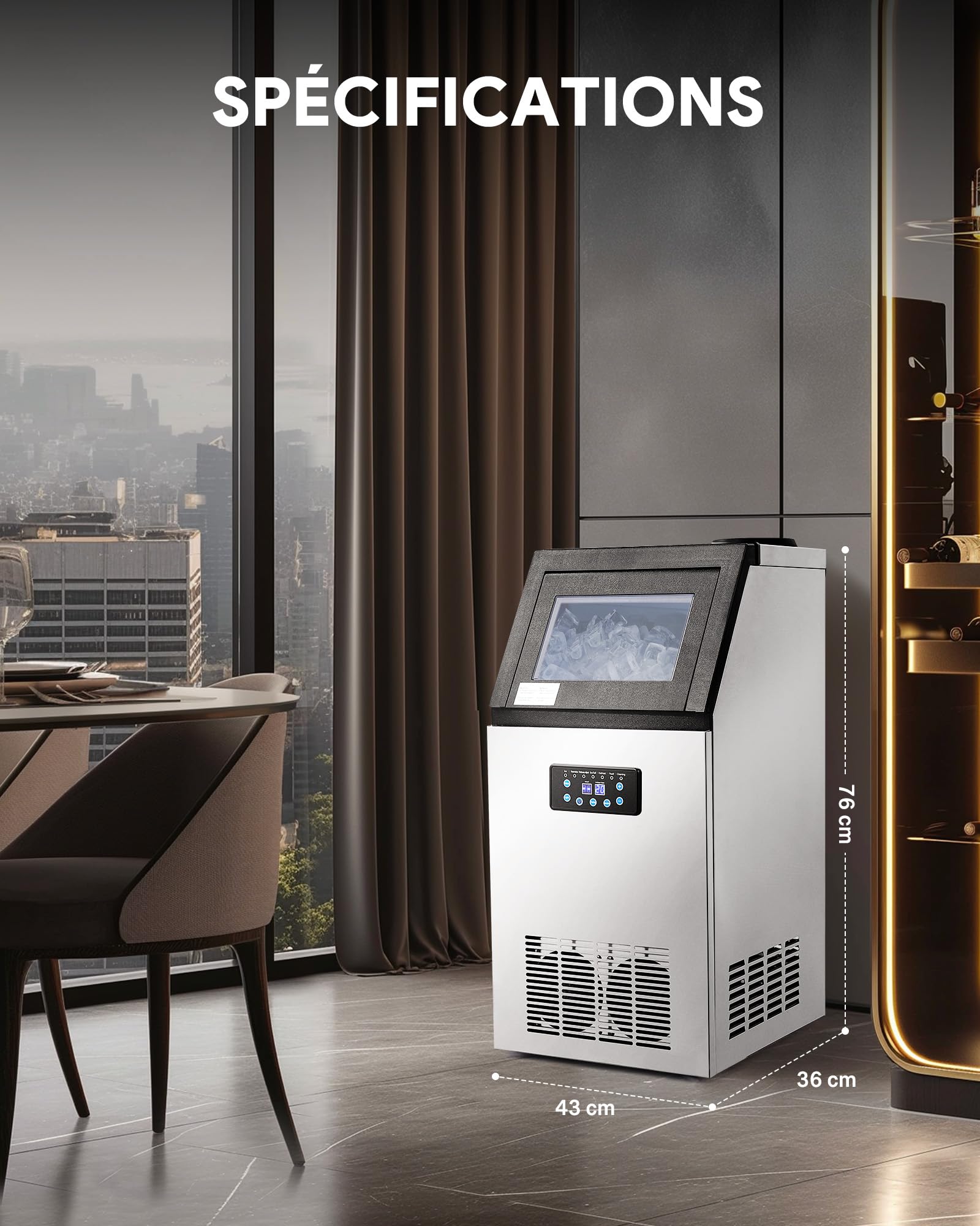 CREWORKS Machine à Glaçons Commerciale 480W 73kg/24h Ice Maker Professionnel 45 Pièces Écran LCD Storage de 10kg pour Maison Bureau Restaurant Bar Café