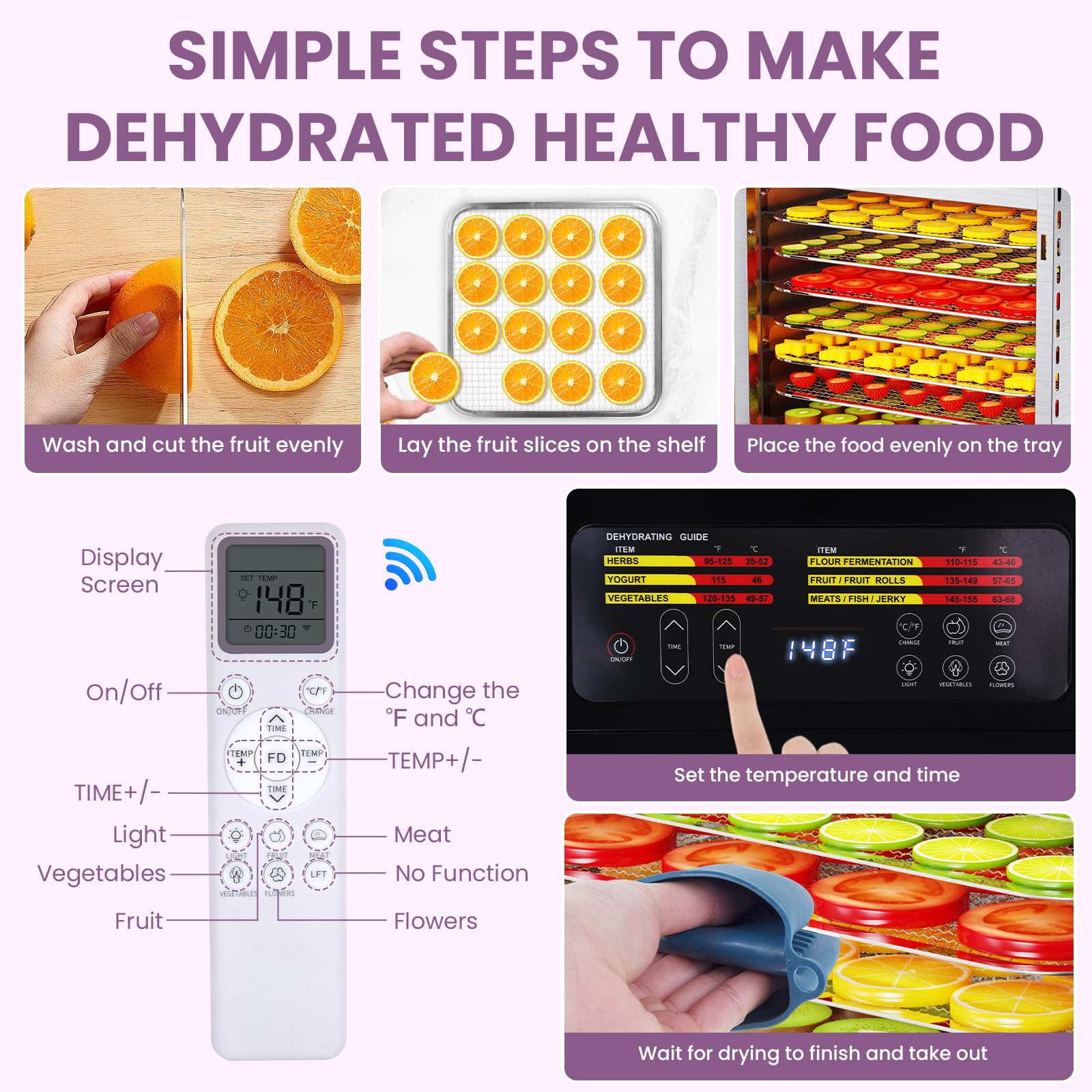 Jerky odwadniacz do żywności 9 dużych tacek ze stali nierdzewnej 800 W odwadniacz do owoców z pilotem zdalnego sterowania, 24-godzinny timer i regulacja temperatury 200°F, suszarka