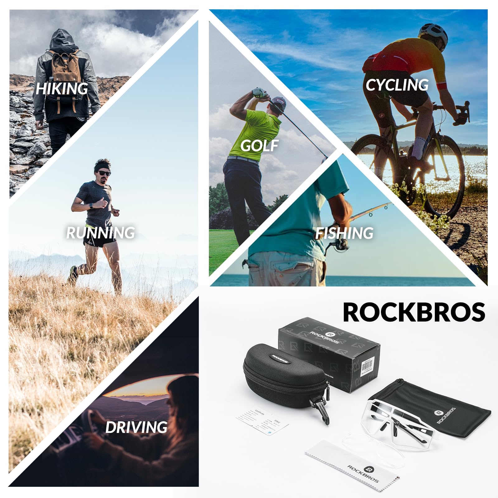 ROCKBROS Lunette de Cyclisme Polarisées Homme Femme, Lunette VTT Vélo Protection UV400 TR90, Lunette de Sport pour VTT Course Golf Pêche Randonnée Conduite Sport Plein Air Noir