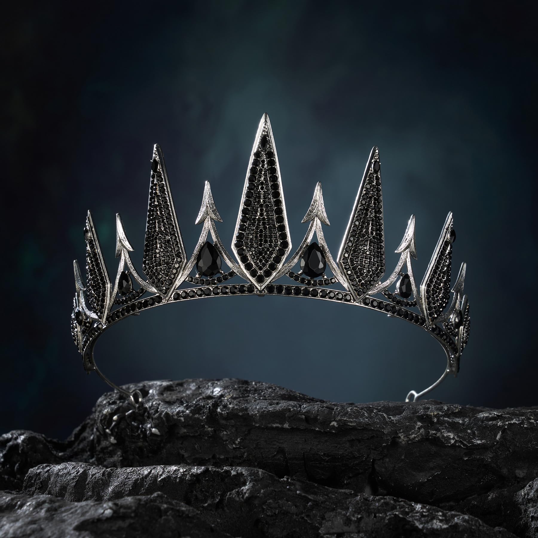 SWEETV Gothic Crowns for Women, Queen Crown Tiara, Witch Crown Headband Cos-play Hair Accessories for Costume Halloween Prom Party: 1. Black+Antique Silver
