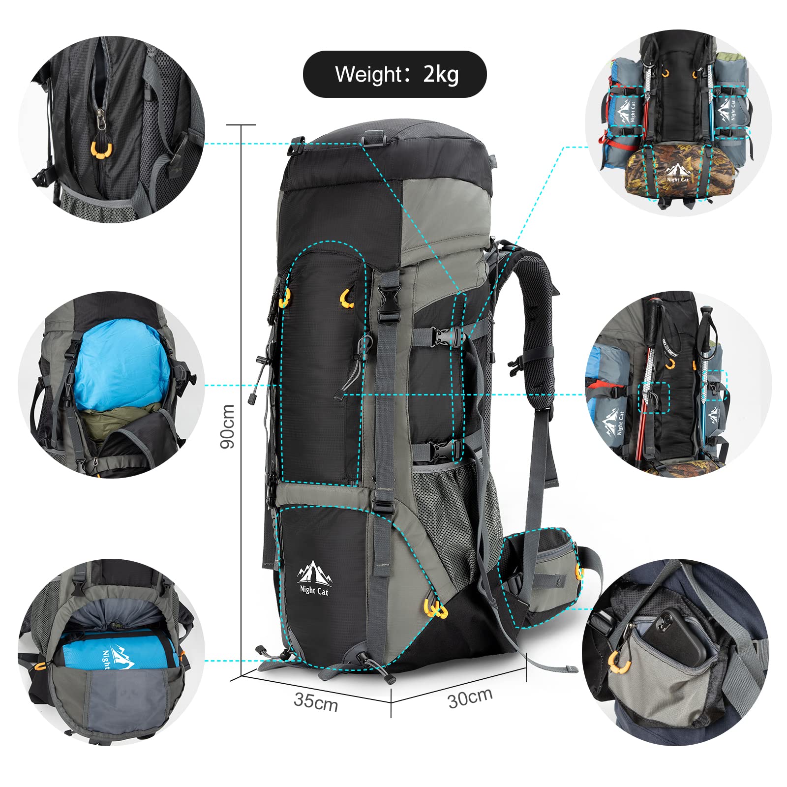 Night Cat 70L 90L Zaini da Hiking Trekking Zaino da Campeggio per Gli Uomini Donne di Arrampicata Ciclismo Viaggio Escursionismo