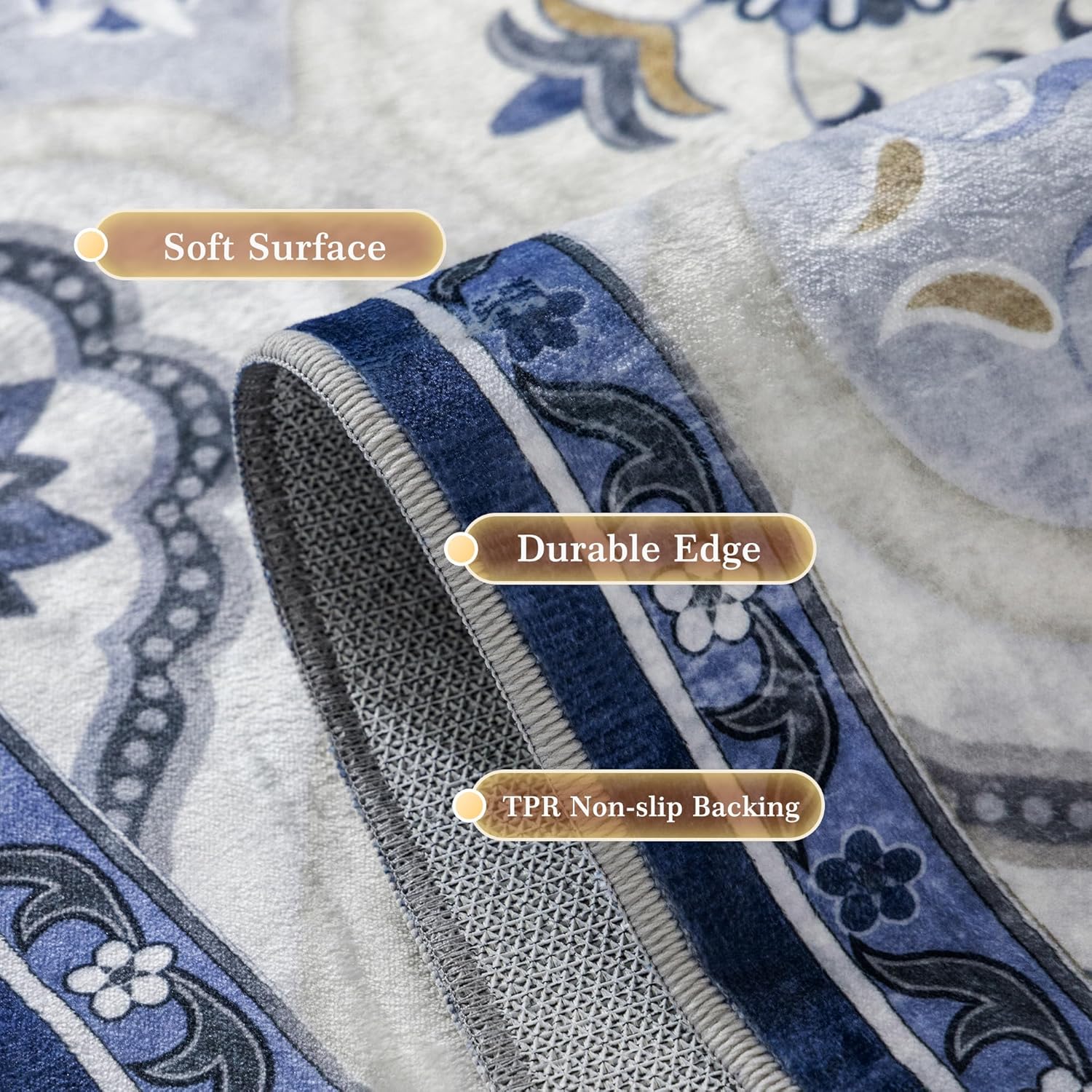 EnHomee Washable Area Rugs 4x6, Soft Area Rug for Living Room Bedroom, Boho Non Slip Low Pile Stain Resistant Washable Rug Large Carpet for Dining Room,Easy to Clean Living Room Rug, Blue