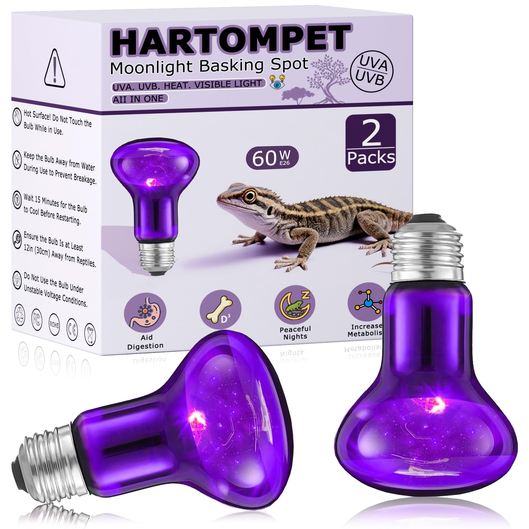 60W Reptile Night Light Bulb, Purple UVA Heat Lamp, 2 Pack