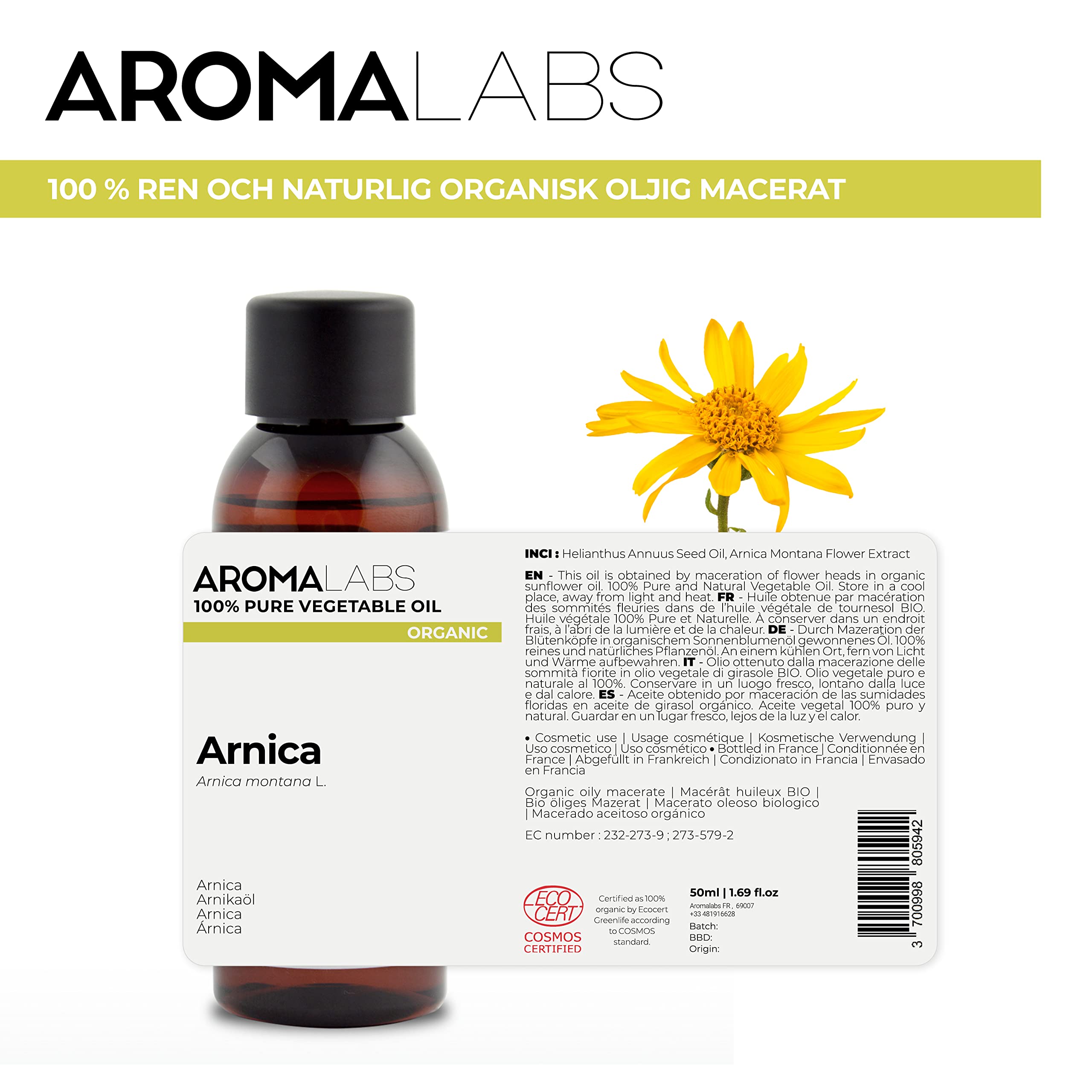 ORGANICZNY - ARNICA Olej Roślinny - 50mL - 100% czysty, naturalny, tłoczony na zimno i certyfikowany Cosmos - AROMA Labs (Marka francuska)
