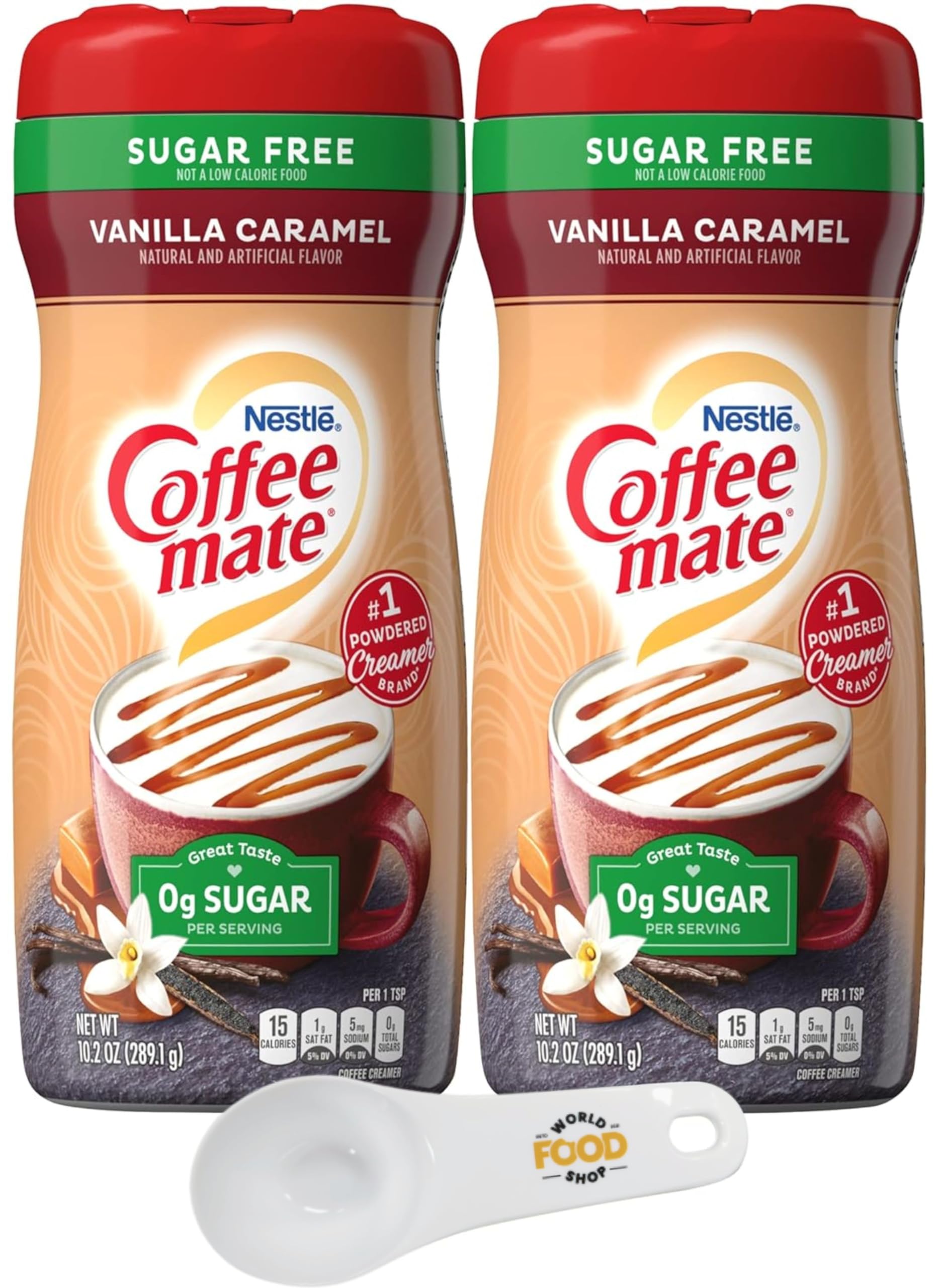 Coffee mate Vanilla Caramel Sugar Free Powdered Creamer, 10.2 oz Canister (Pack of 2) with World Food Shop Scoop