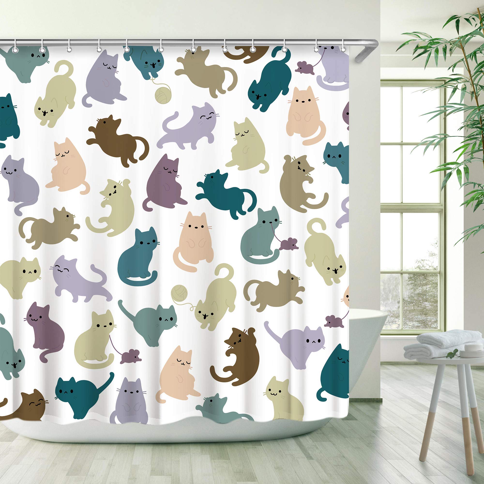 Stacy Fay Cat Shower Curtains, Funny Cute Cats Themed Shower Curtains Set with 12 Hooks, Waterproof Fabric Kids Animal Shower Curtain for Bathroom, Colors Cats and Mouse, 72x72 ''