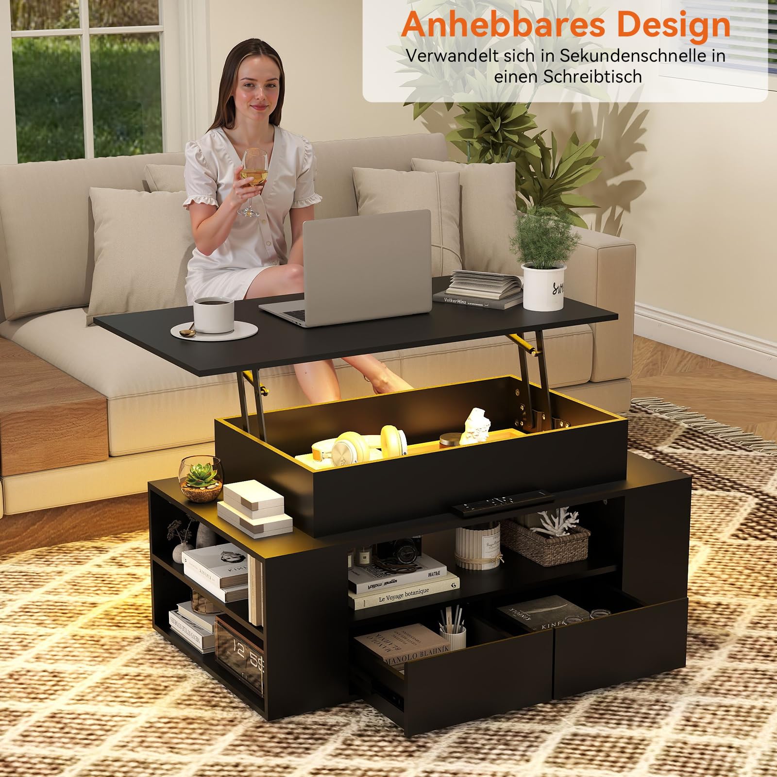 YU YUSING Couchtisch Höhenverstellbar mit Stauraum und LED, Wohnzimmertisch mit Verstecktem Fach und 2 Schubladen, Beistelltisch Umwandelbar in Esstisch, 90x50cm Sofatisch für Wohnzimmer, Schwarz