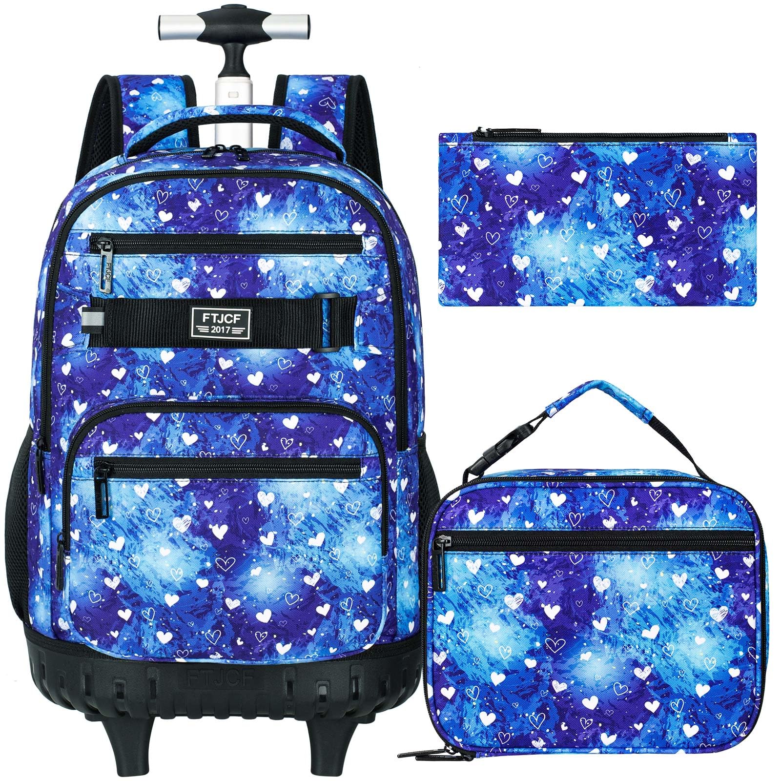ZLYERT 3Pcs Rolling Backpack for Girls Women, Travel Roller Backpacks with Wheels for Adults, Teens College Love Polka Dots Wheeled Bookbag with Lunch