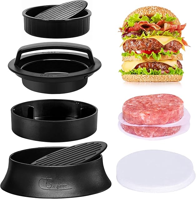Claspme Burger Press with 70 Wax Paper Sheets - 3 in 1 Nonstick Hamburger Patty Maker for Perfect Round & Delicious Stuffed Burgers