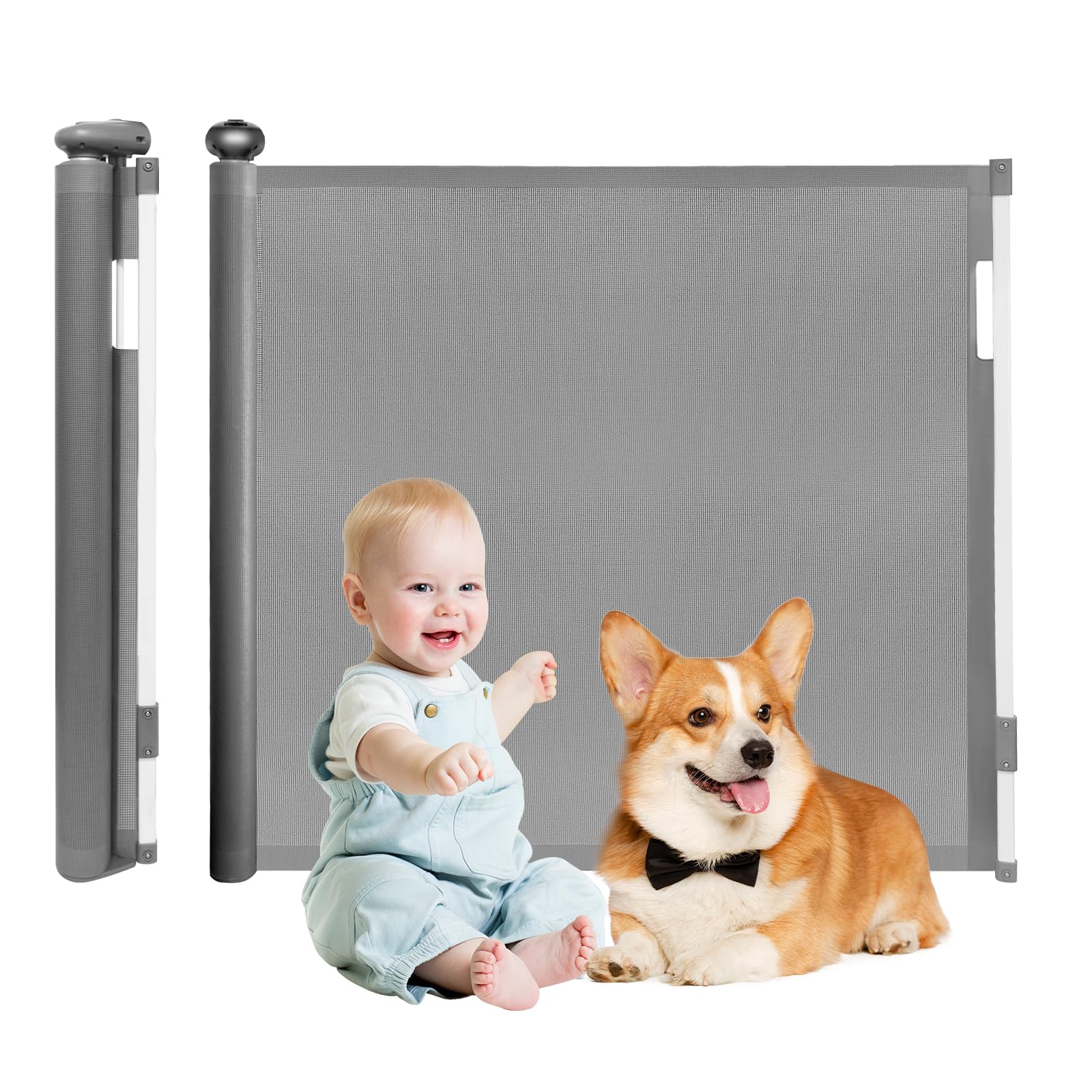 BworppyRetractable Stair Gate, Baby Gates or Dogs Gate Extend up to 350cm Wide, 87.5cm Tall, Safety Gate for Pets and Babies Indoor Easy Install Anywhere for Stairs/Outdoor/Doorways/Hallways-Grey