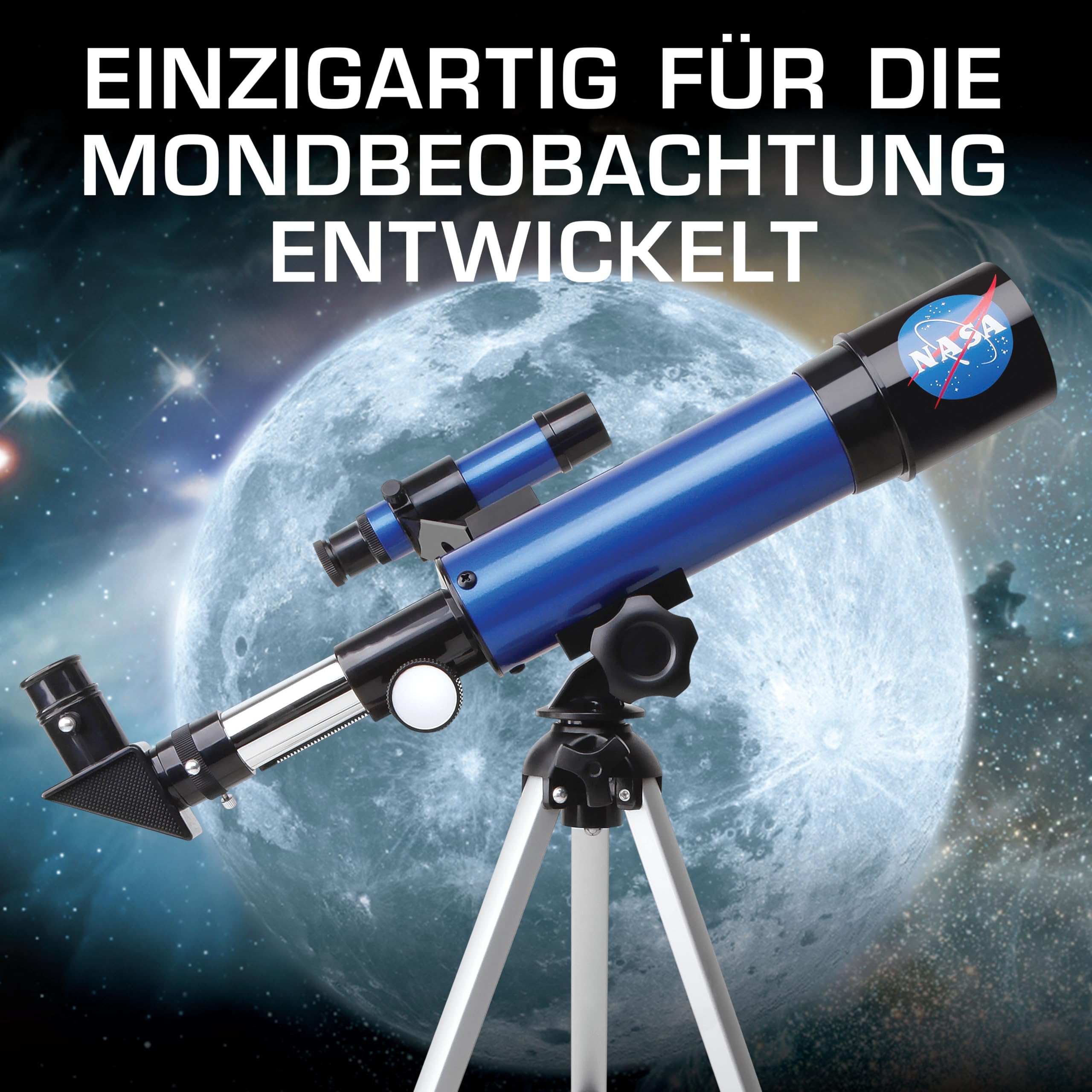 NASA Kinder-Teleskop für den Mond – 90-fache Vergrößerung, mit Zwei Okularen, Tischstativ & Sucherfernrohr, ideales Teleskop für Einsteiger in die Astronomie und Raumfahrt