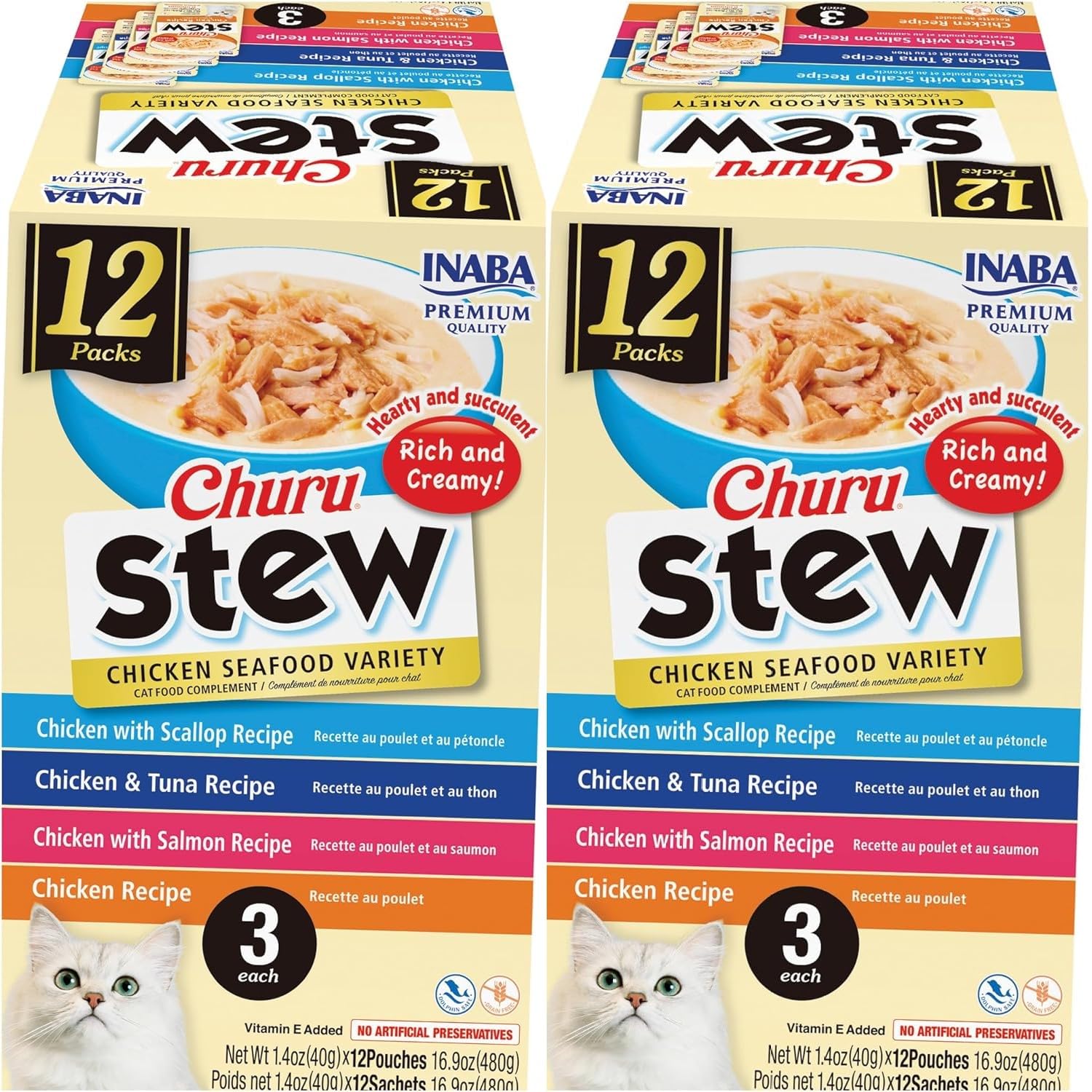 INABA Churu Stew for Cats, Creamy Broth Gelée with Shredded Chicken Side Dish Pouch, 1.4 Ounces per Pouch, 24 Pouches Total, Chicken & Seafood Variety