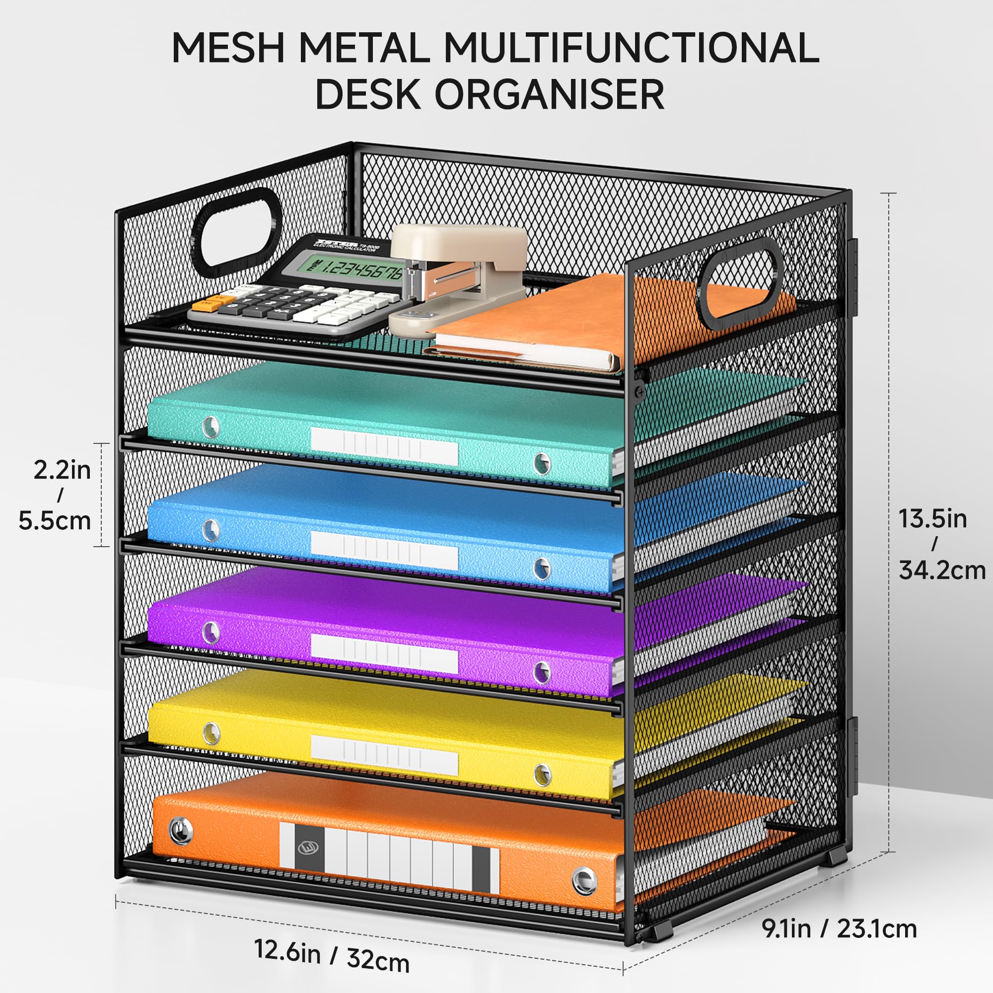 VITVITI 6 Niveaux Organisateur de Bureau Maille Métallique, Rangement de Papier avec Poignée, Noir