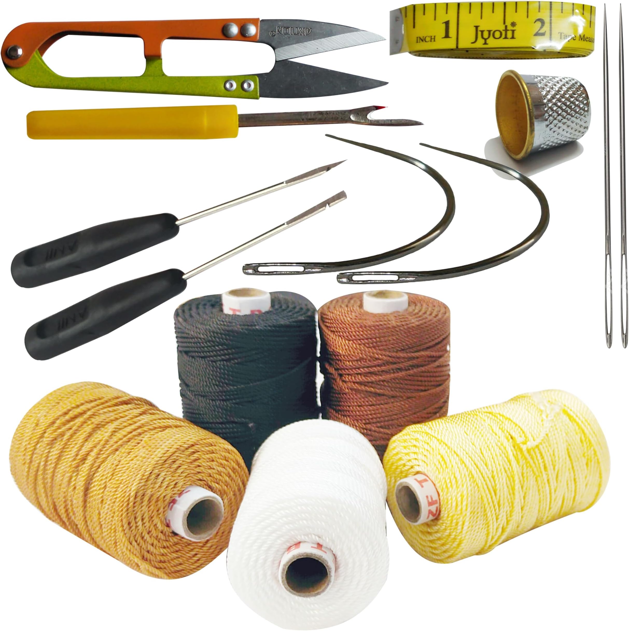 Nylon Leather Leatherware Upholstery 3 Ply Twisted Tailoring Craft Sewing Thread Spool 50X5 Mtrs Black/Off White/Cream/Brown/Baige(with Some Accessories) Combo Pack