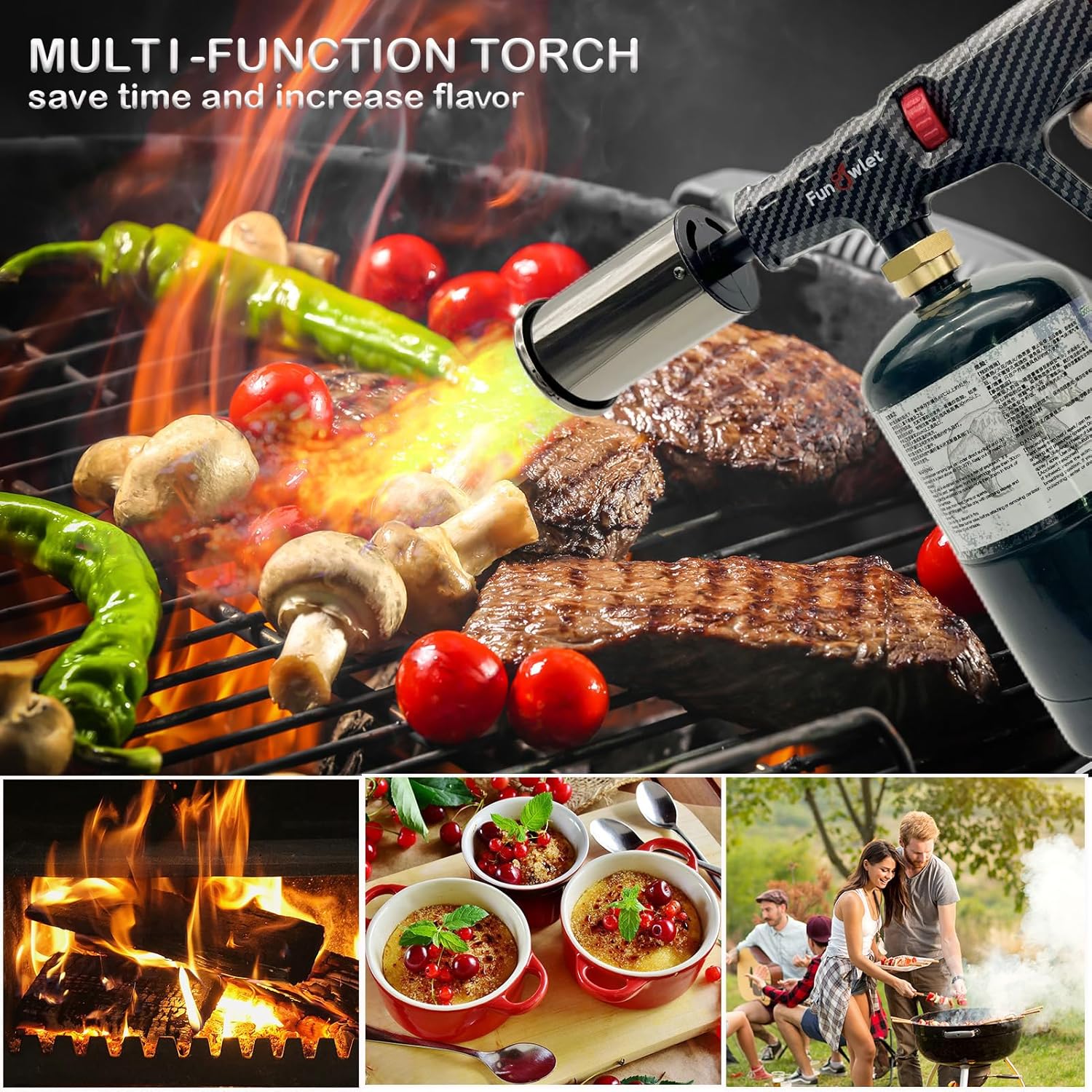 Powerful Cooking Propane Torch Lighter - 2 Pack Culinary Kitchen Torch, Sous Vide, Charcoal Lighters Campfire Starter, Flame Thrower Fire Grill Gun for Searing Steak, Creme Brulee, BBQ(Tank Not Includ