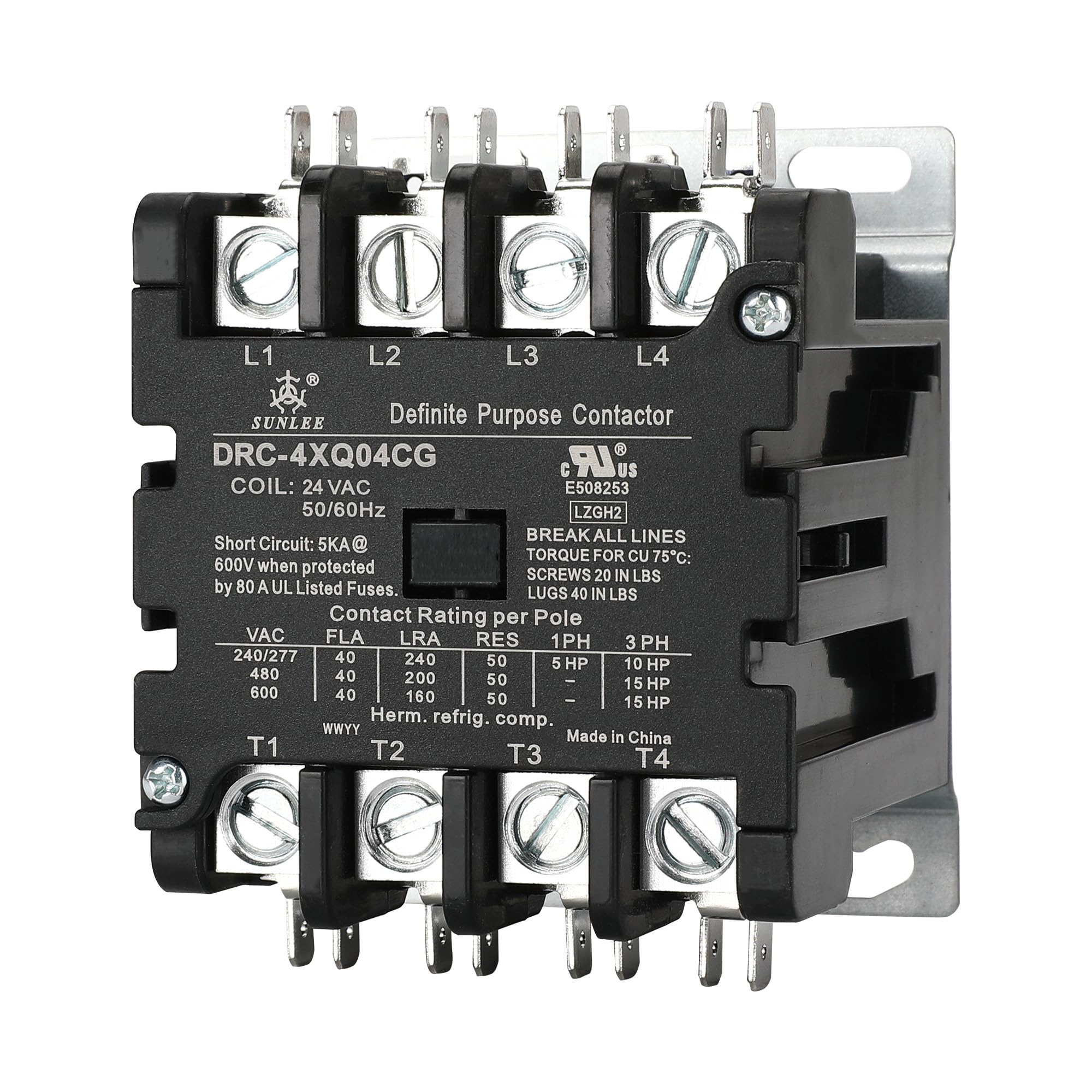 SUNLEE 40 amp 4 pole contactor 24V coil Volt DP Contactor HVAC Contactor 42CF25AJ Lighting Heating Refrigeration Contactor, UL Recognized & Approved for UL 60335