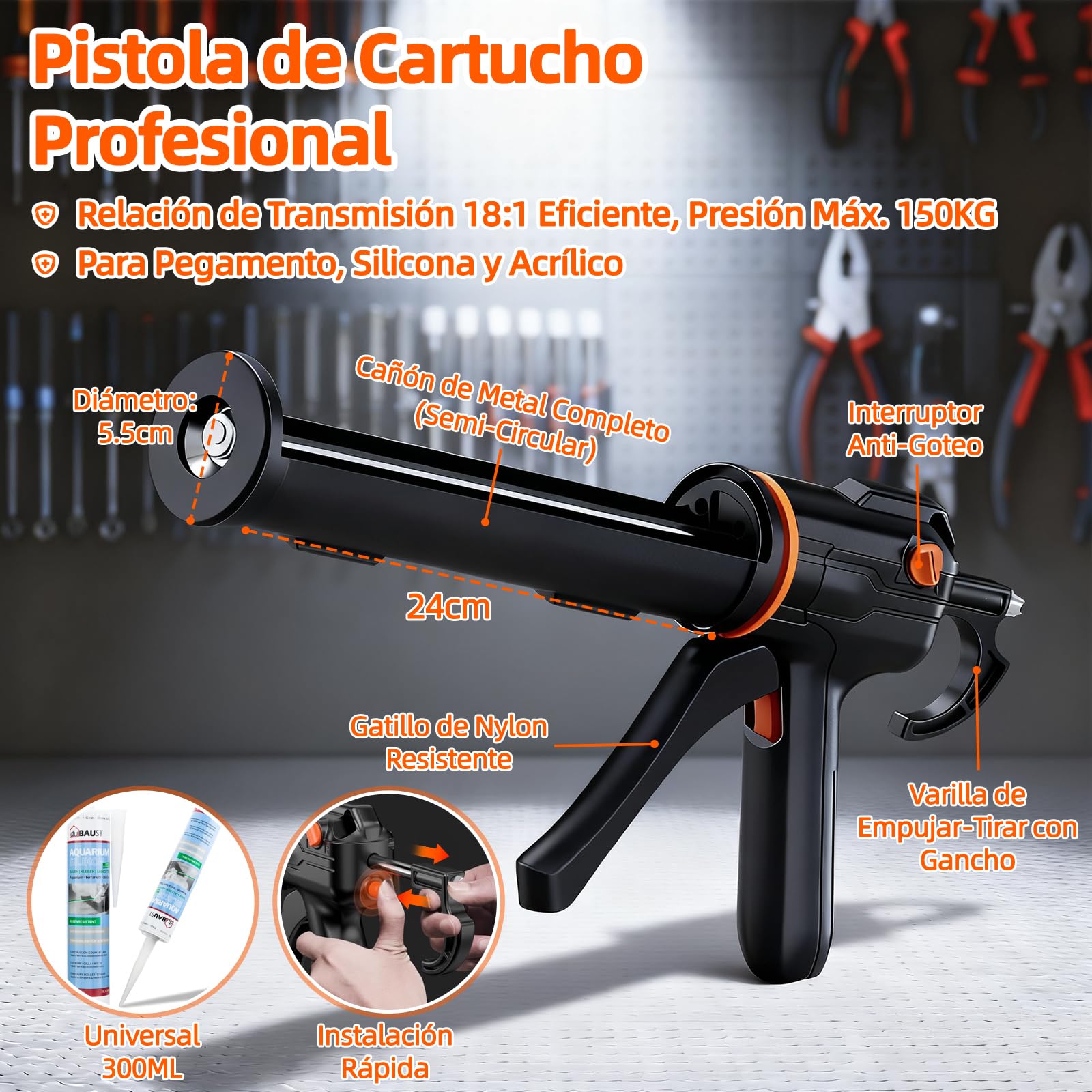Pistola Silicona Profesional Metálica, Pistola de Silicona 18:1 Relación de Empuje Ahorra Esfuerzo & Antigoteo, Antióxido, Robusta y Duradero - Giro 360° para Cartuchos de 300 ml Calafateo, Sellado