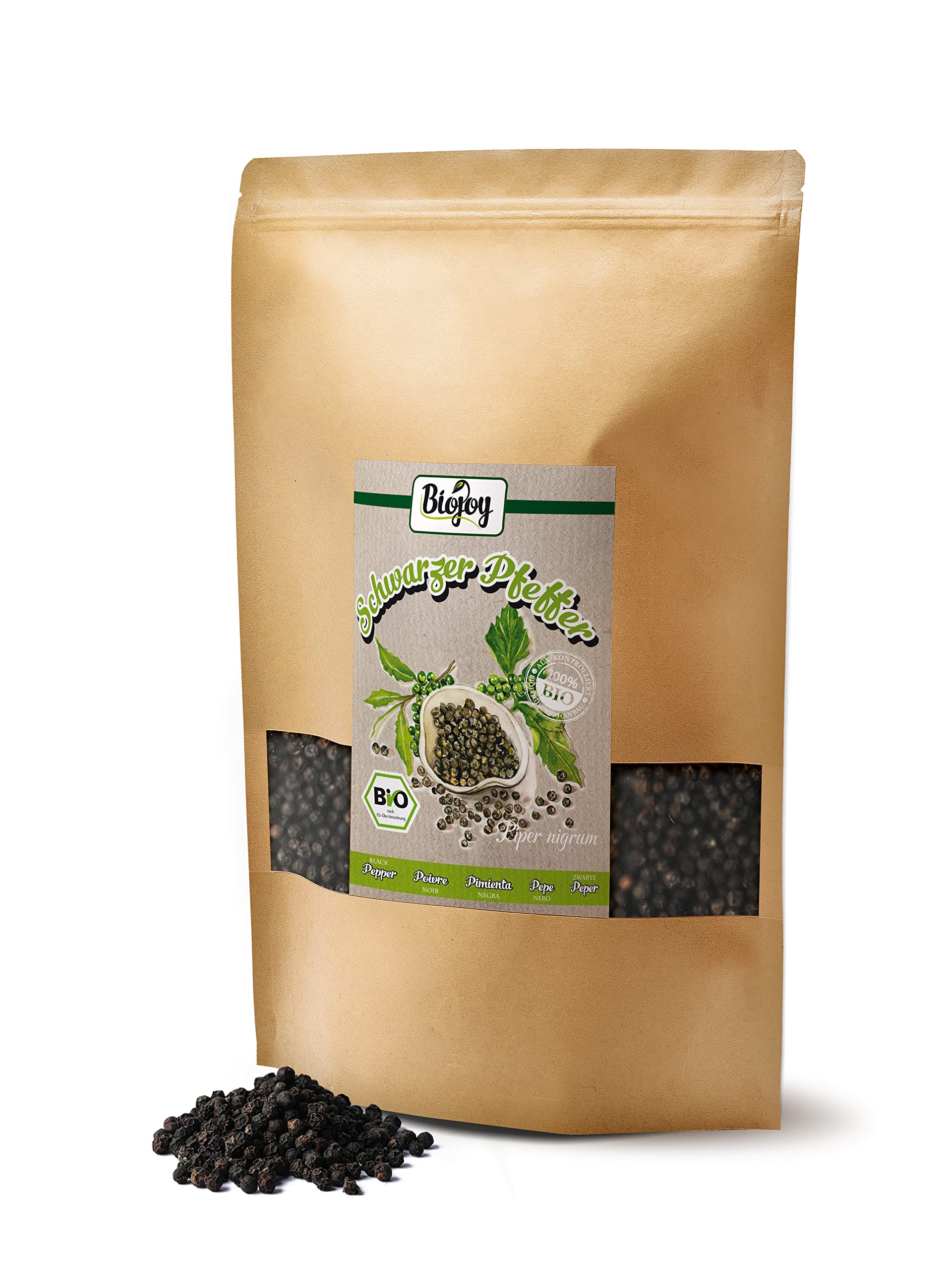 Biojoy BIO-Pepe nero in grani (1 kg), intero, ideale per insaporire, senza additivi (Piper nigrum)