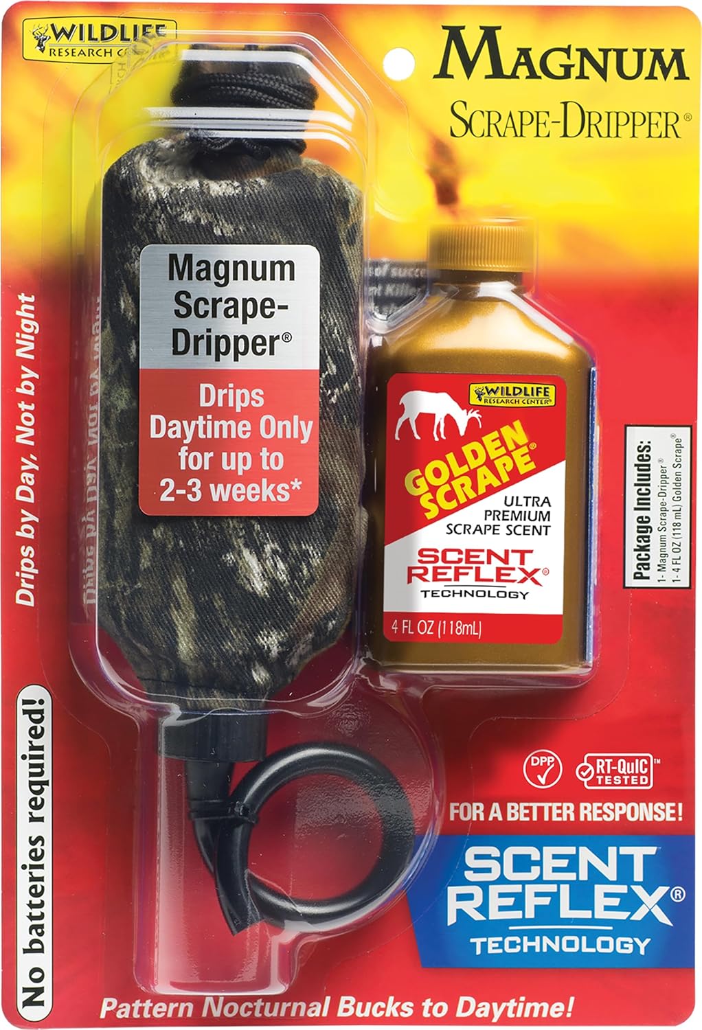 WILDLIFE RESEARCH CENTER Magnum Scrape-Dripper and Golden Scrape Combo, Smart Scent Dispenser for Deer Hunting, Includes 4 FL OZ of Golden Scrape Scent with Scent Reflex Technology