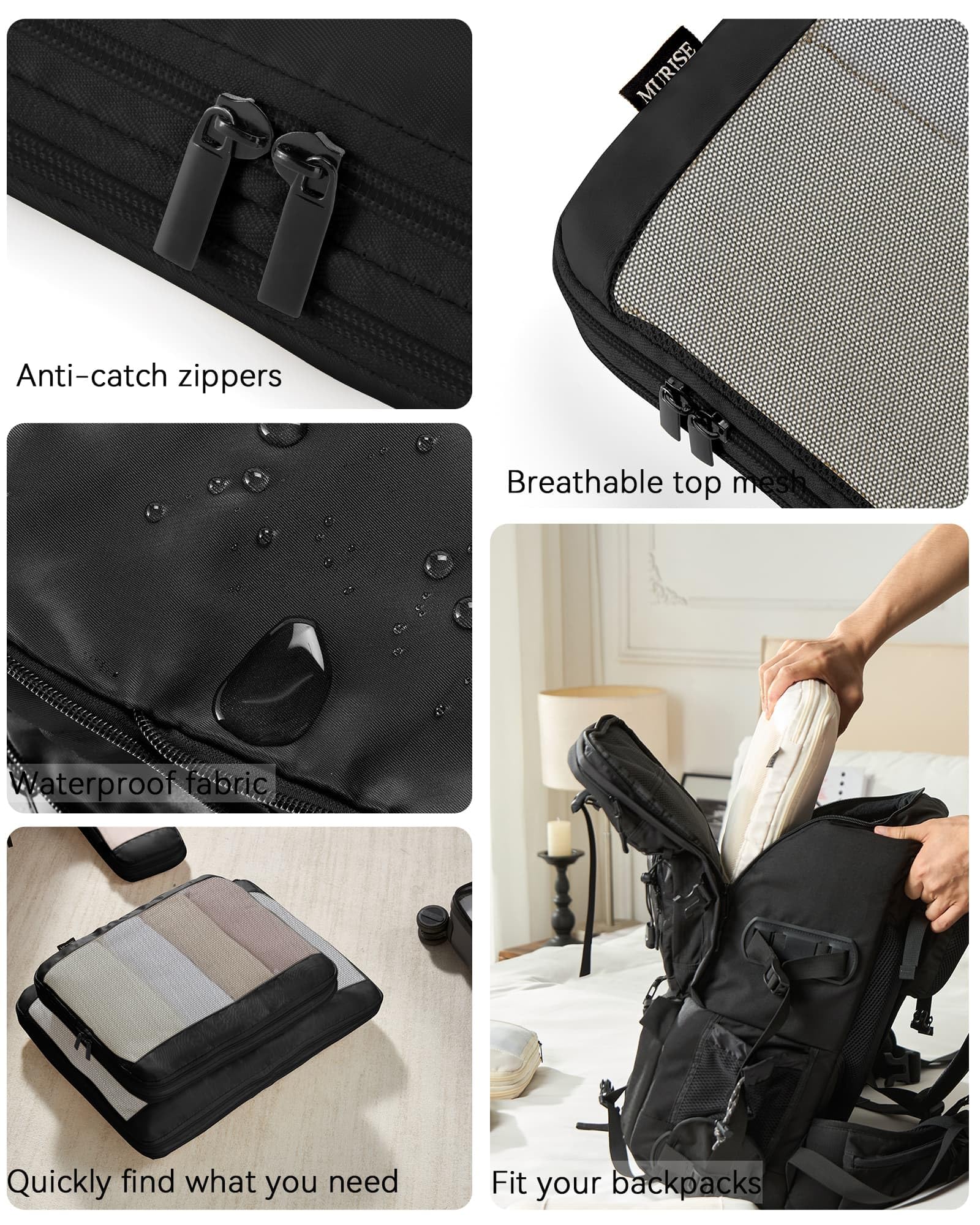 MURISE Zestaw 6 Organizer do Walizki Kompresyjny, Compression Packing Cubes do Plecaka, Organizer Podróżny na Wakacje i Podróże, Akcesoria Kempingowe i Podróżne, Czarny